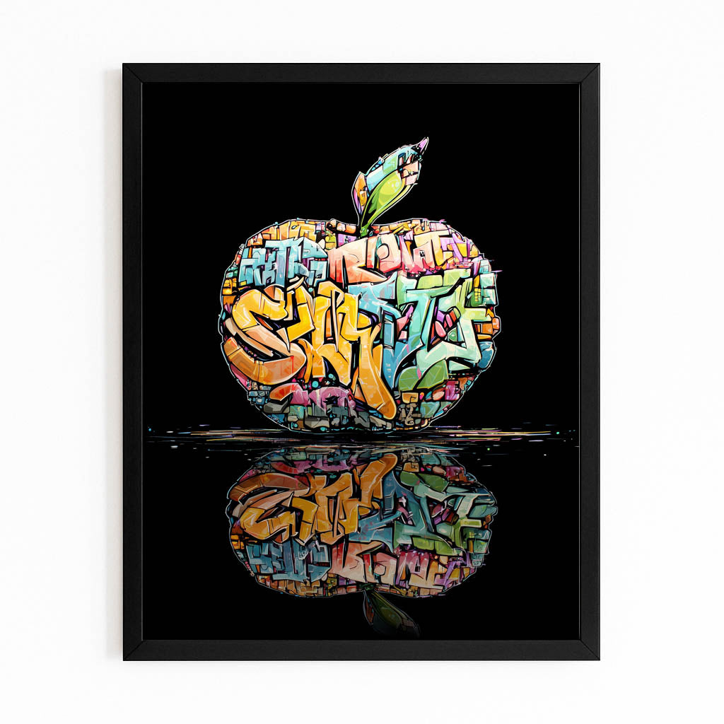 Graffiti Street Apple Wall Art – with Premium Black frame on white background