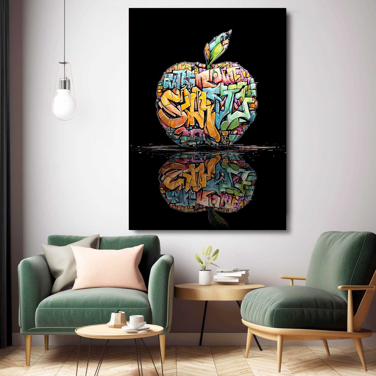 Graffiti Street Apple Wall Art – styled in a furnished interior