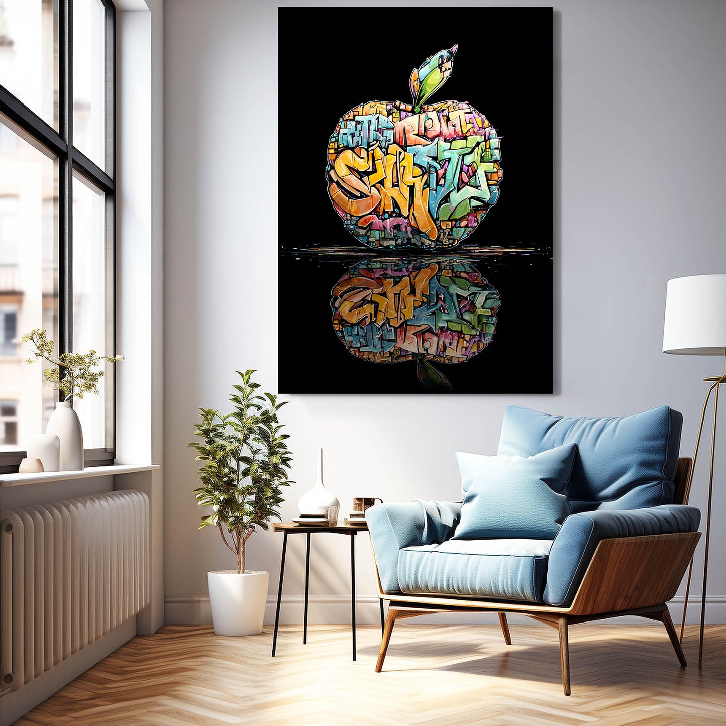 Graffiti Street Apple Wall Art – styled in a furnished interior