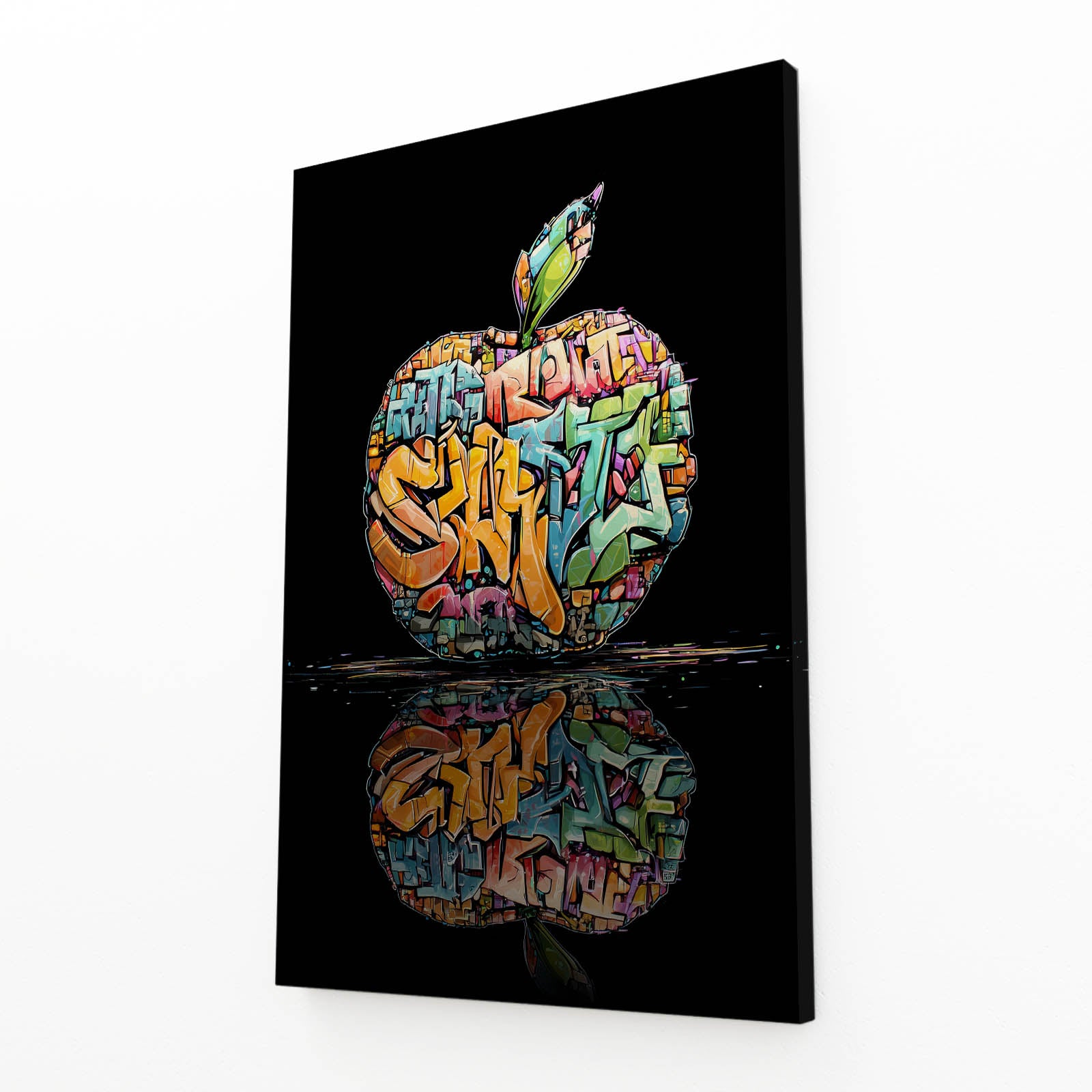 Graffiti Street Apple Wall Art – angled canvas view on white background