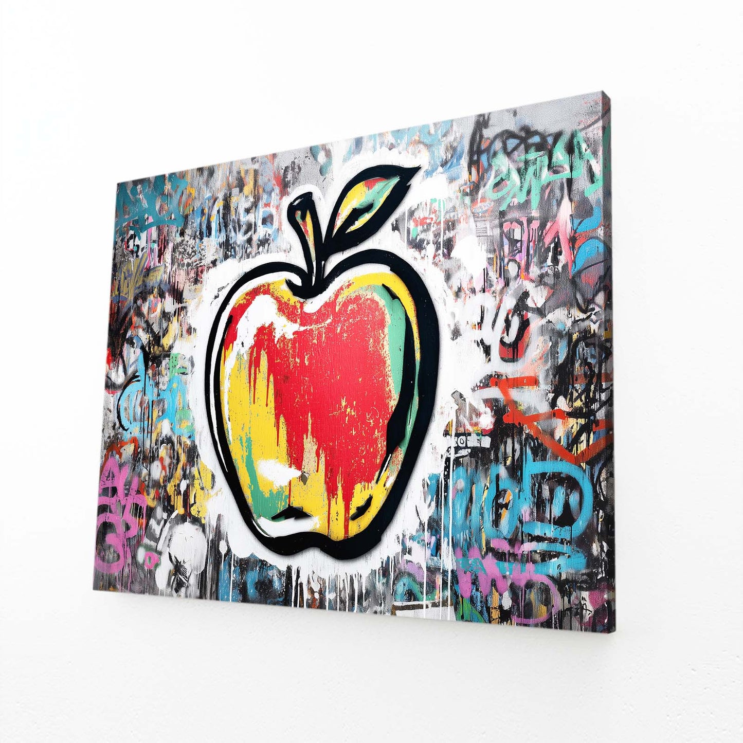 Graffiti Urban Wall Apple Wall Art – angled canvas view on white background