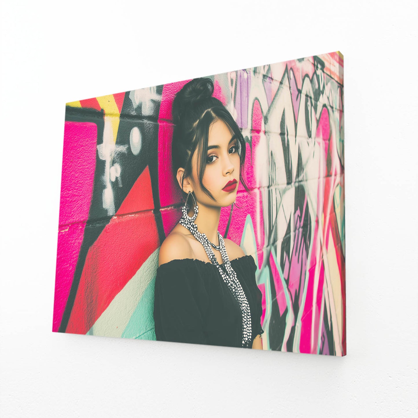 Graffiti Wall Portrait Photography Wall Art – angled canvas view on white background