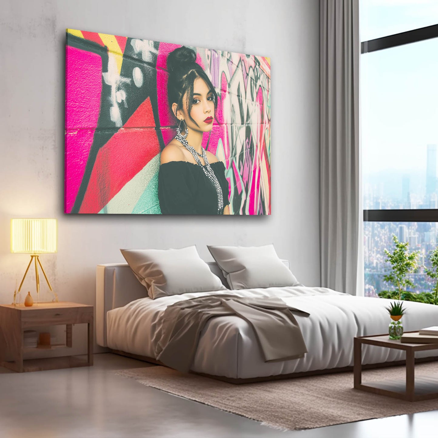 Graffiti Wall Portrait Photography Wall Art – styled in a furnished interior