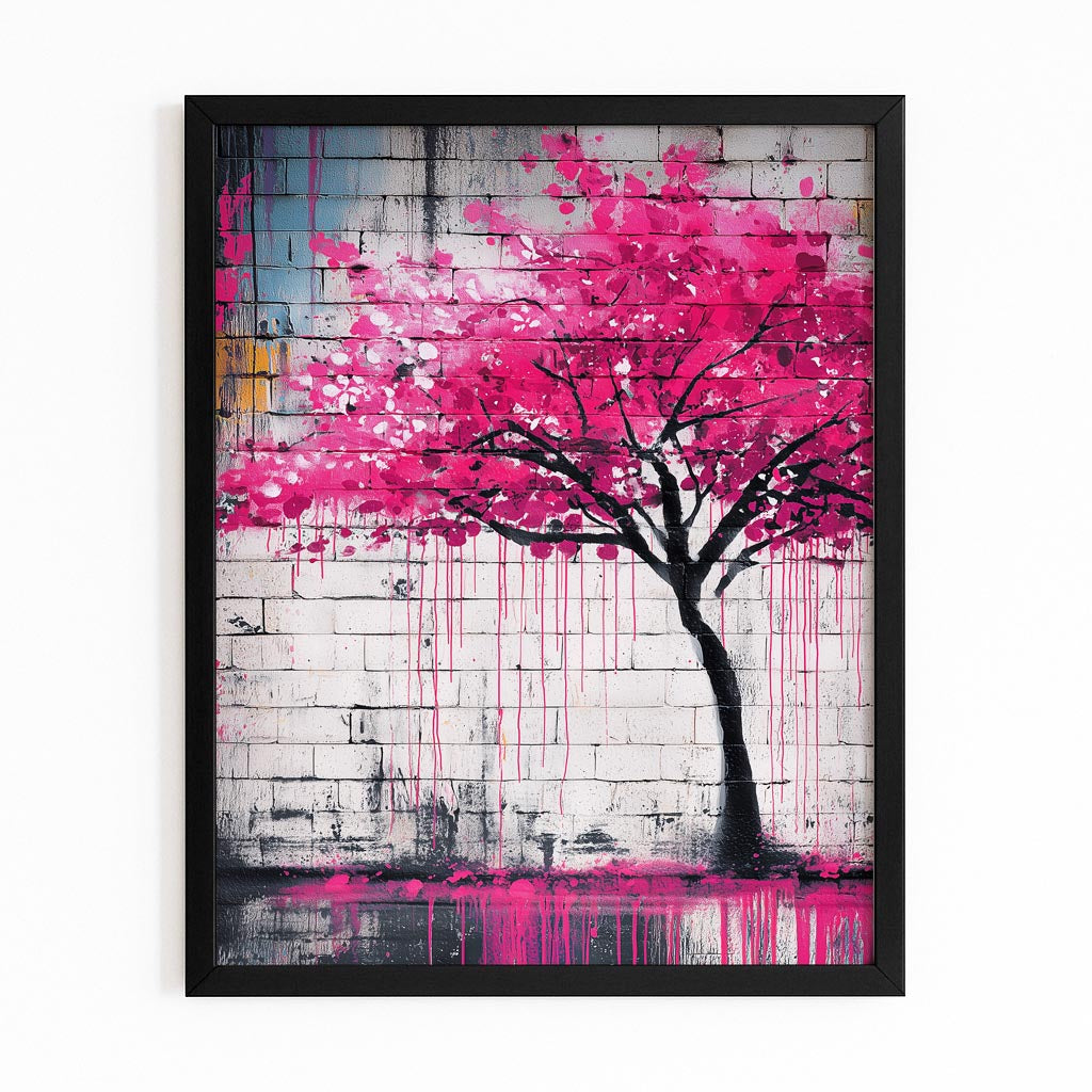 Graffiti Wall Tree Cherry Blossom Prints – with Premium Black frame on white background