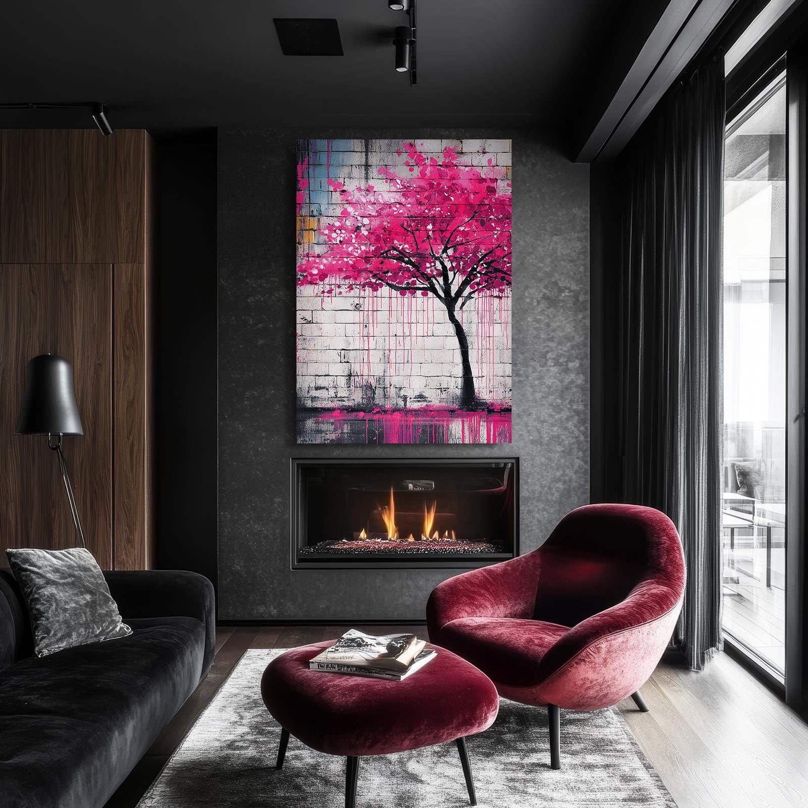 Graffiti Wall Tree Cherry Blossom Prints – styled in a furnished interior