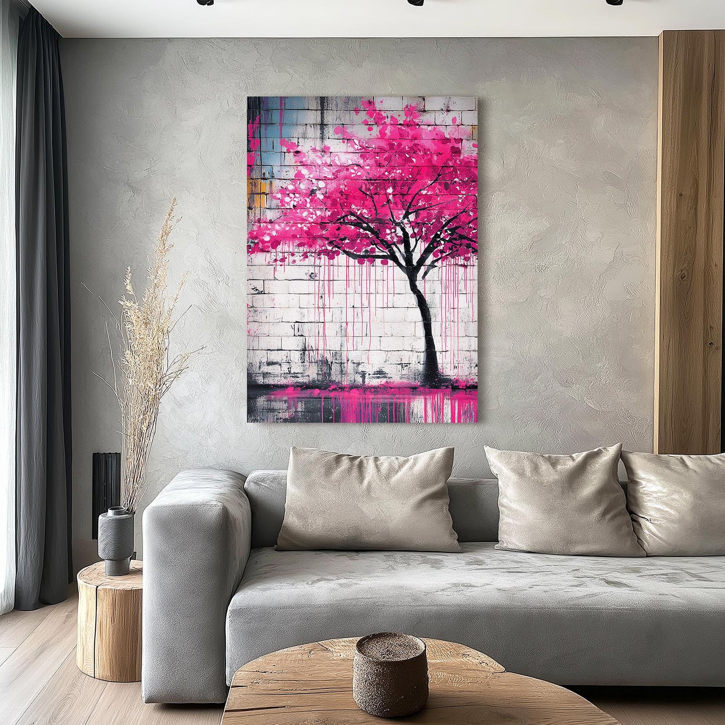 Graffiti Wall Tree Cherry Blossom Prints – styled in a furnished interior