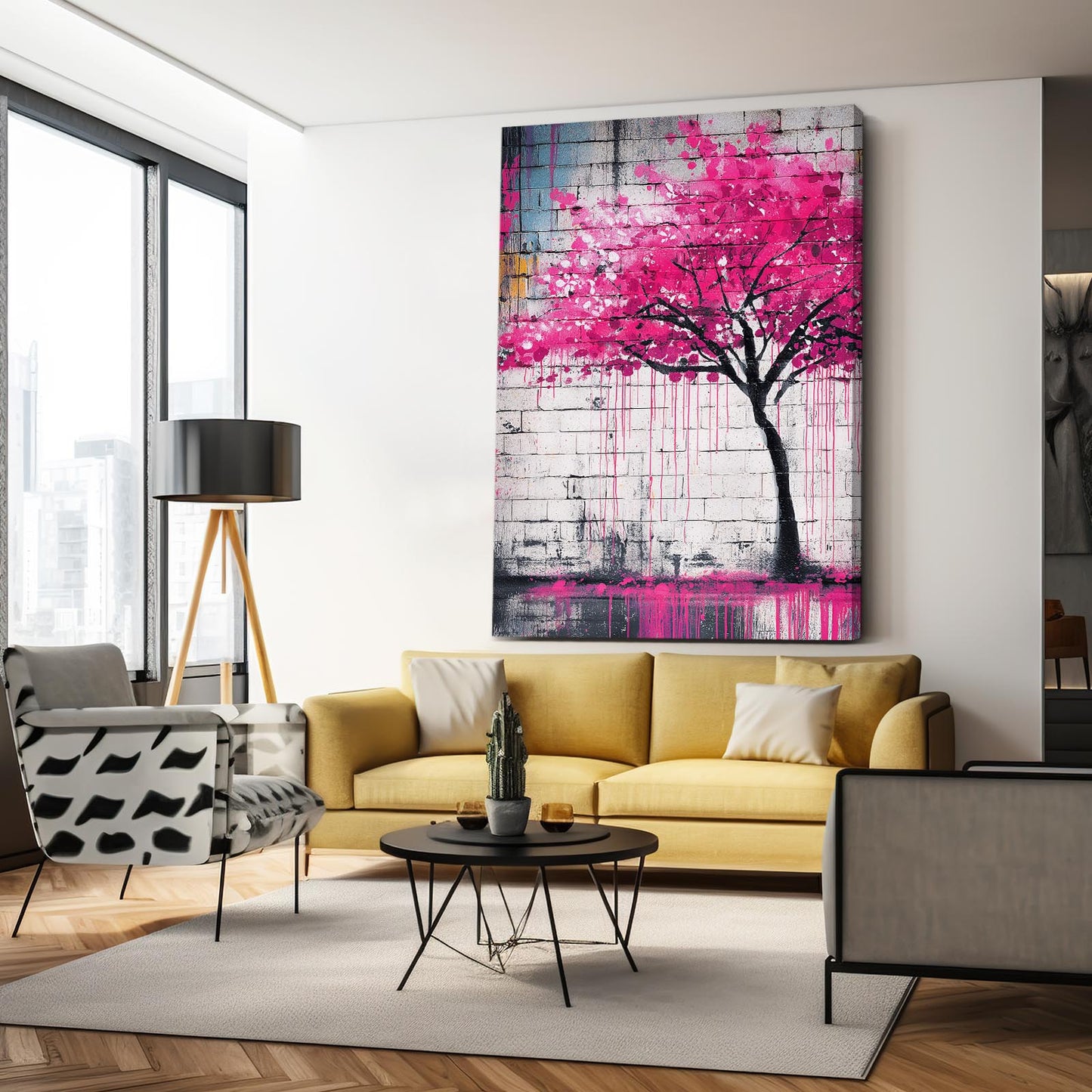 Graffiti Wall Tree Cherry Blossom Prints – styled in a furnished interior