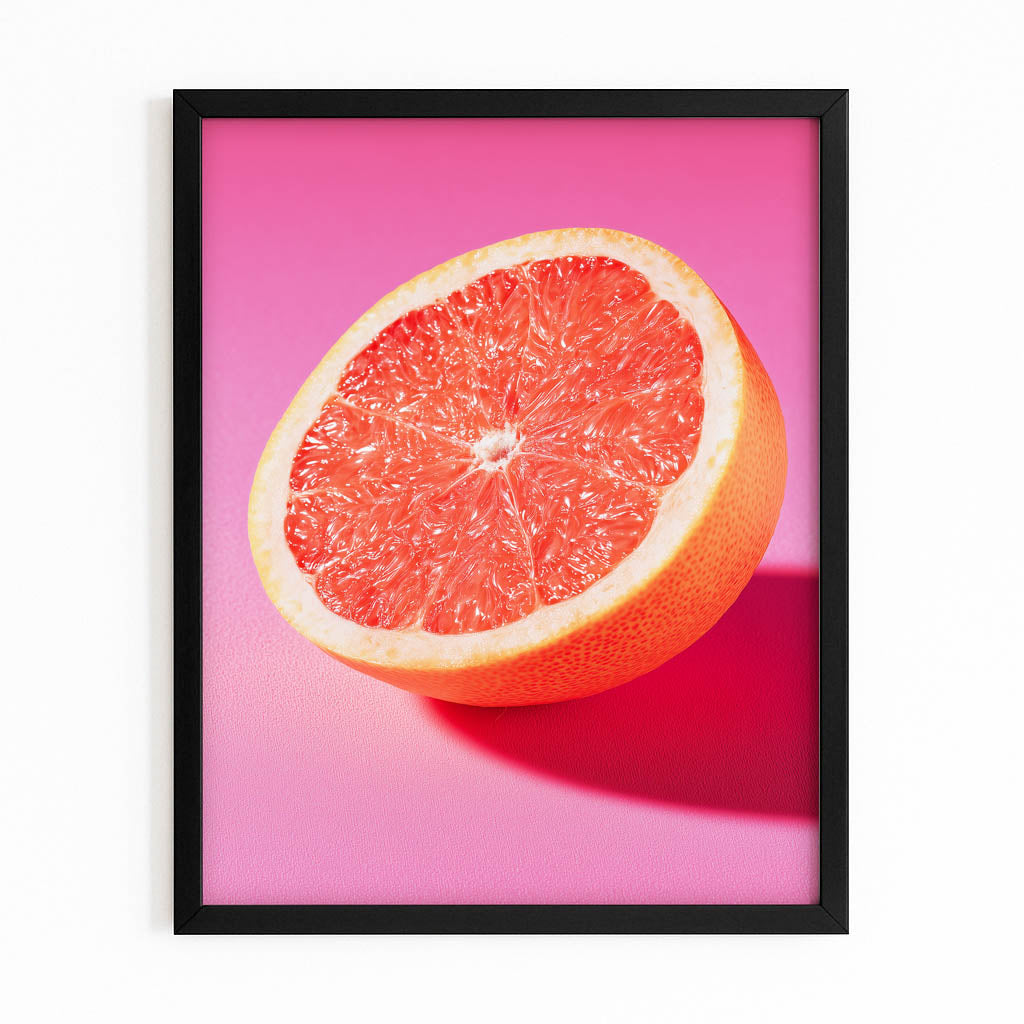 Grapefruit Half Pink Fruit Wall Decor – with Premium Black frame on white background