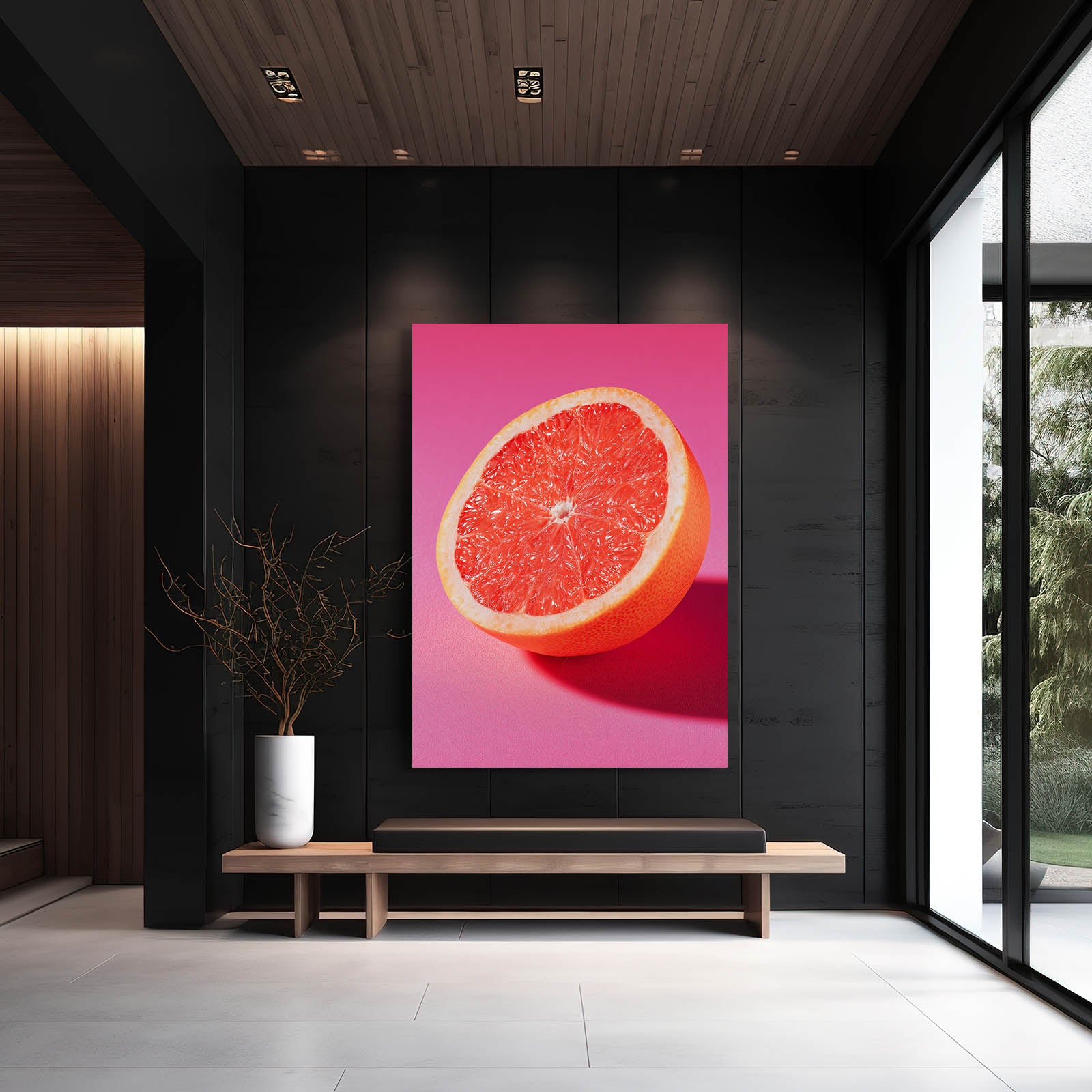 Grapefruit Half Pink Fruit Wall Decor – styled in a furnished interior