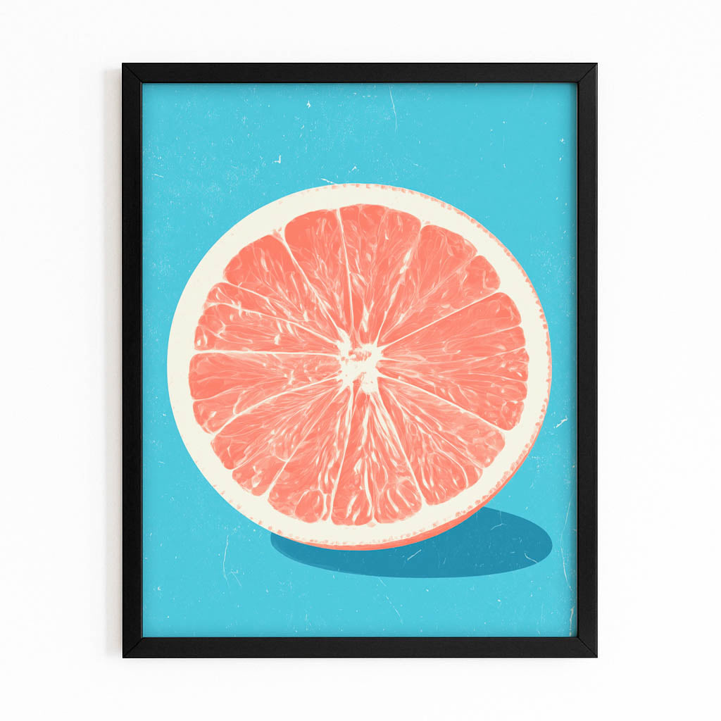 Grapefruit Slice Blue Fruit Wall Art – with Premium Black frame on white background