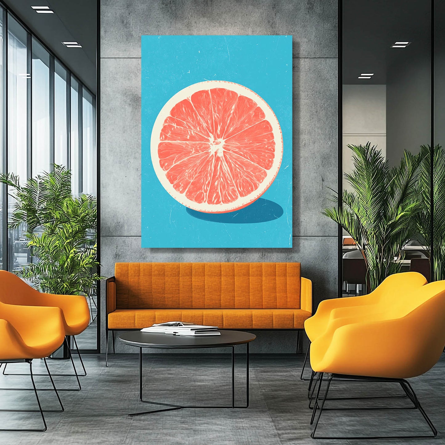 Grapefruit Slice Blue Fruit Wall Art – styled in a furnished interior