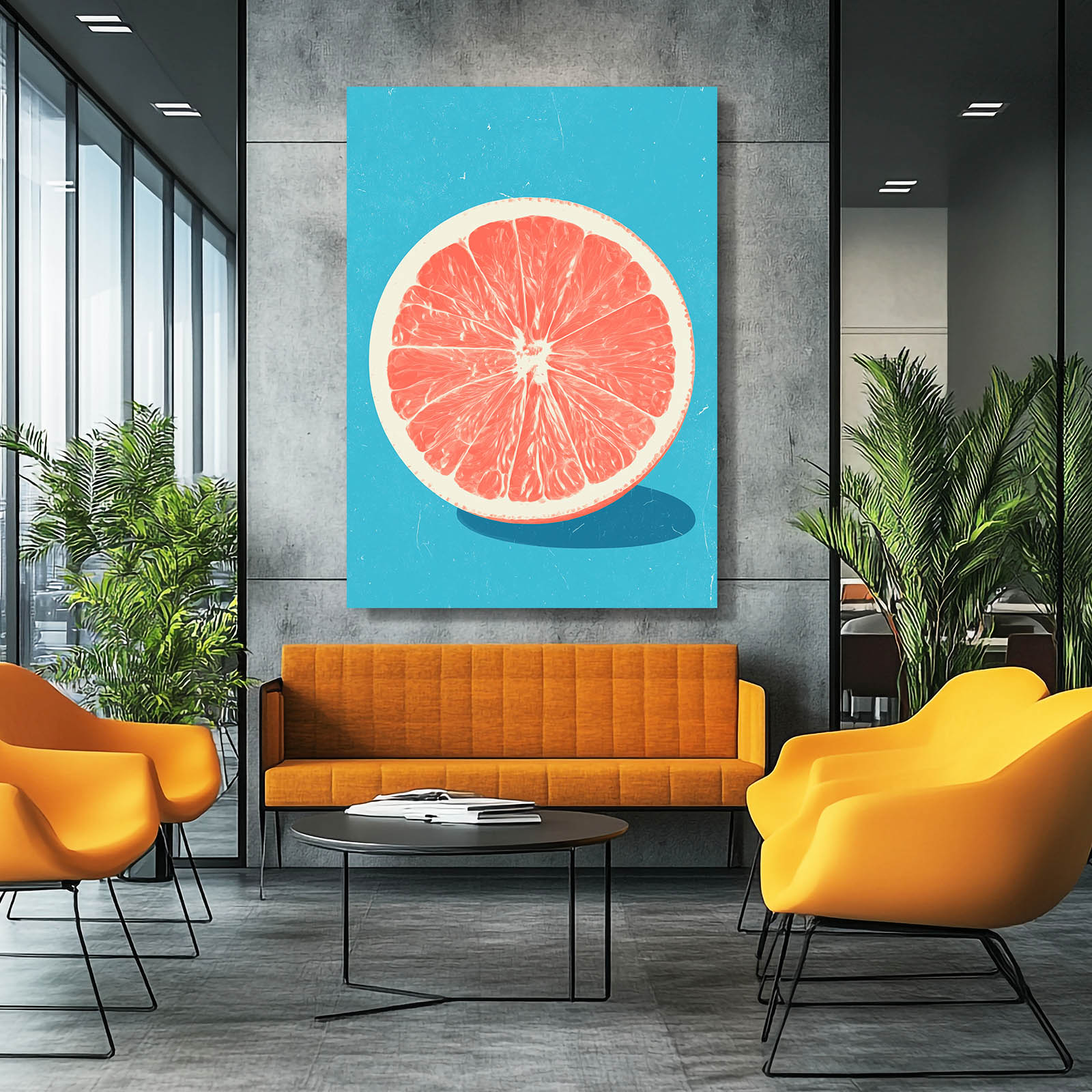 Grapefruit Slice Blue Fruit Wall Art – styled in a furnished interior