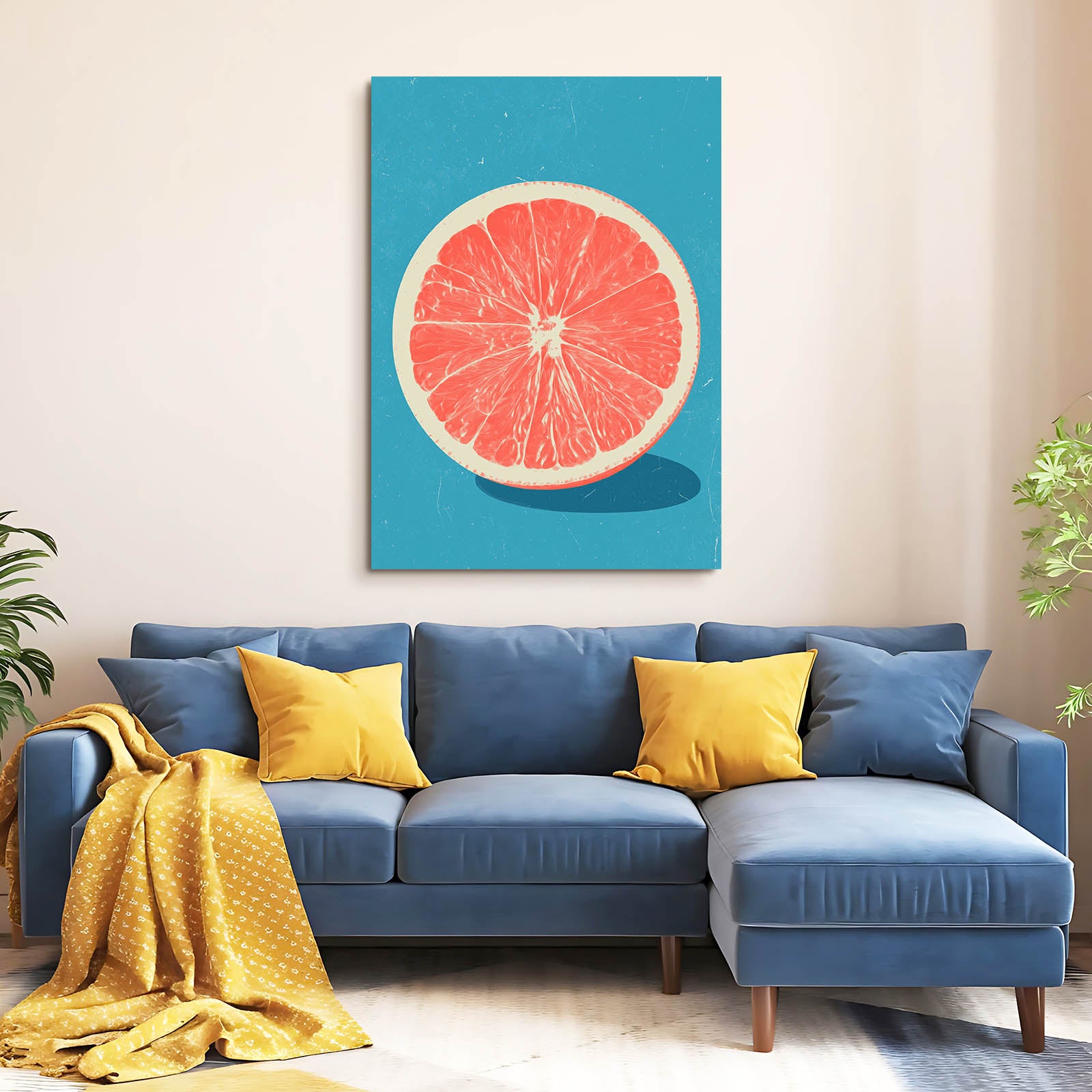 Grapefruit Slice Blue Fruit Wall Art – styled in a furnished interior