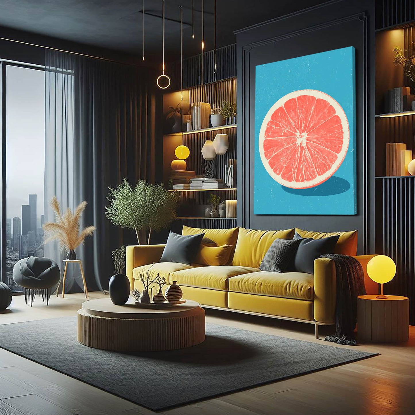 Grapefruit Slice Blue Fruit Wall Art – styled in a furnished interior