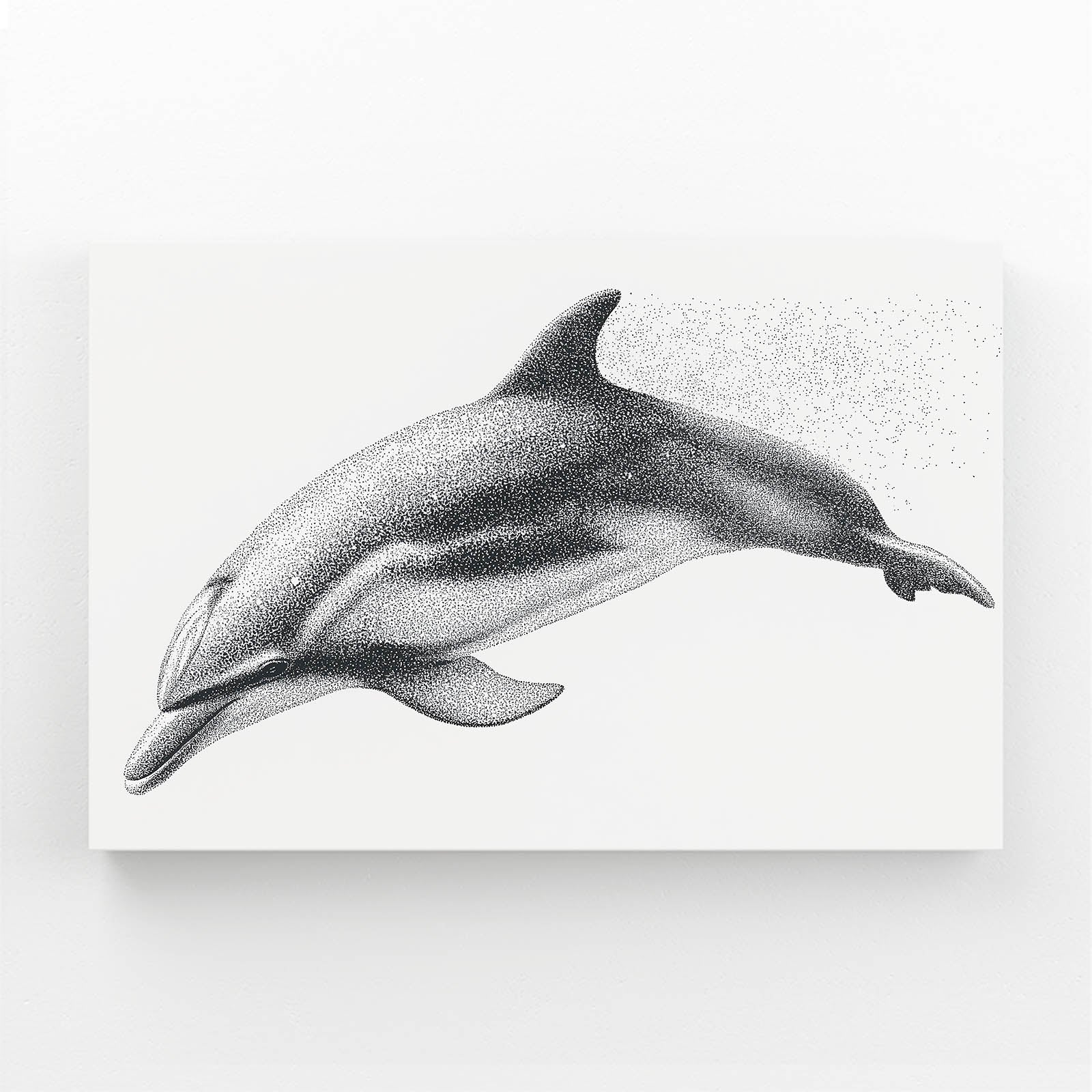 Graphite Stipple Dolphin Print – dolphin rendered in fine graphite stippling on a white background