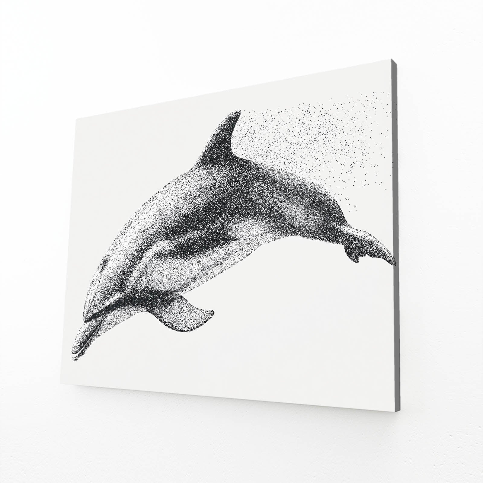 Graphite Stipple Dolphin Print – angled canvas view on white background