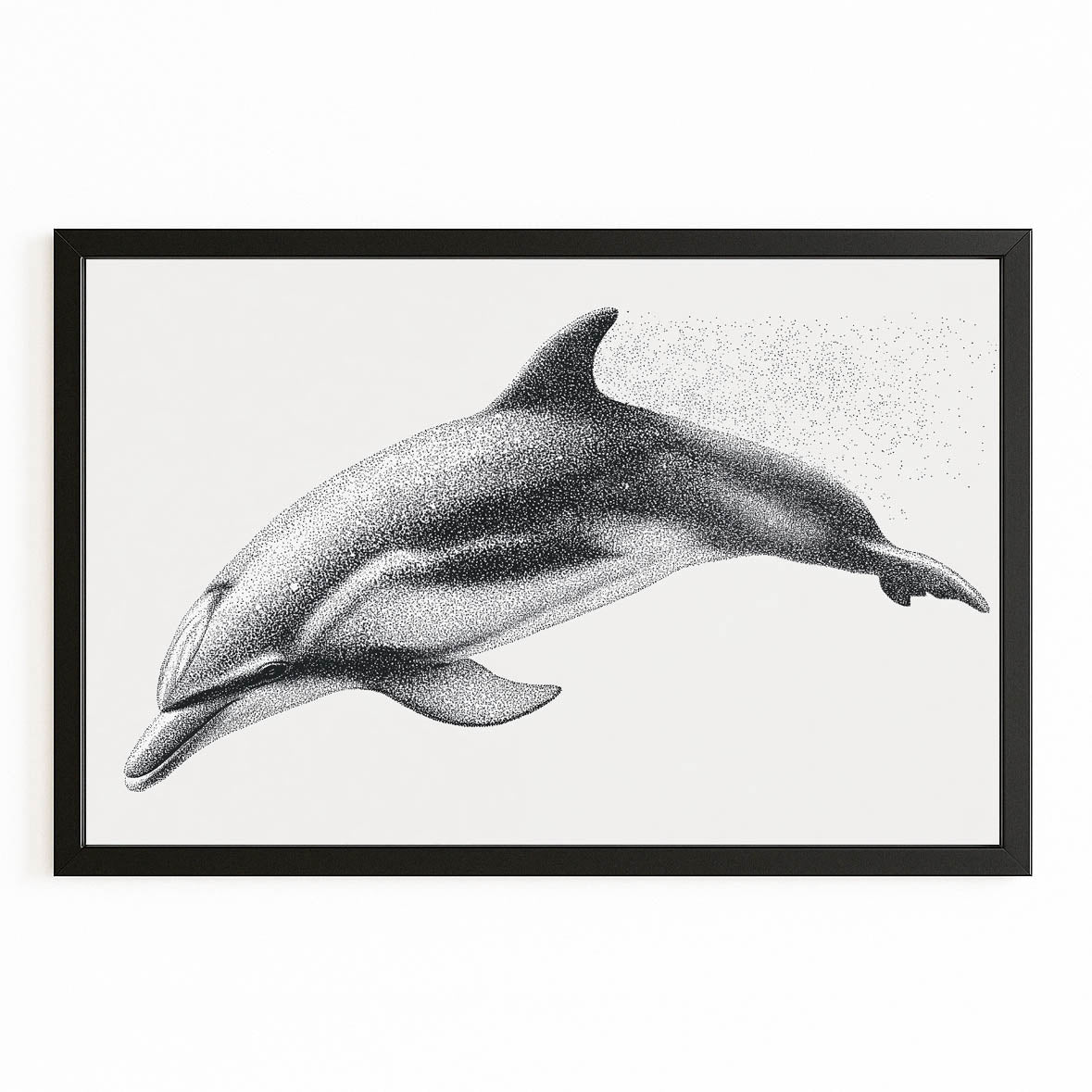 Graphite Stipple Dolphin Print – with Premium Black wood frame on white background