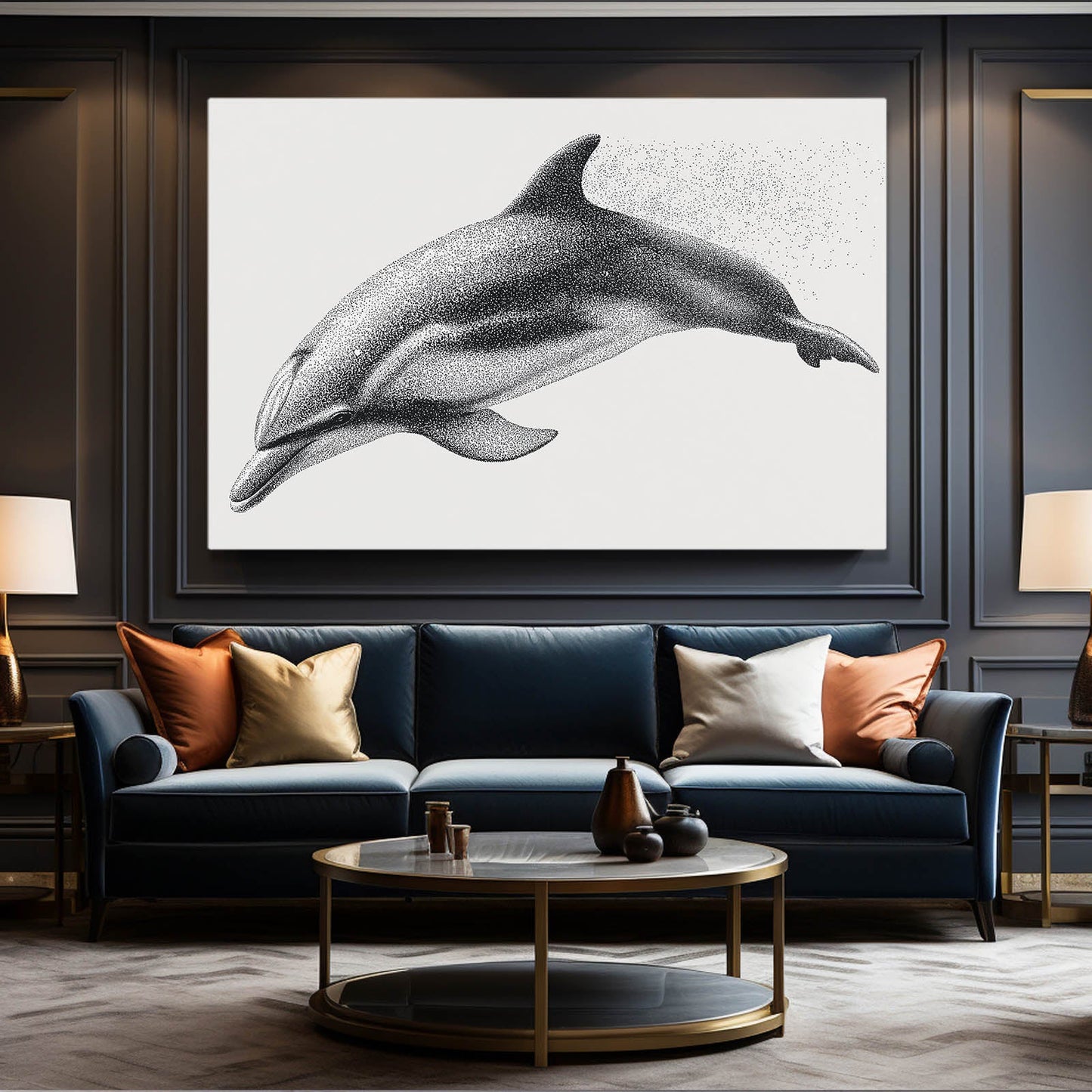Graphite Stipple Dolphin Print – styled in a furnished interior
