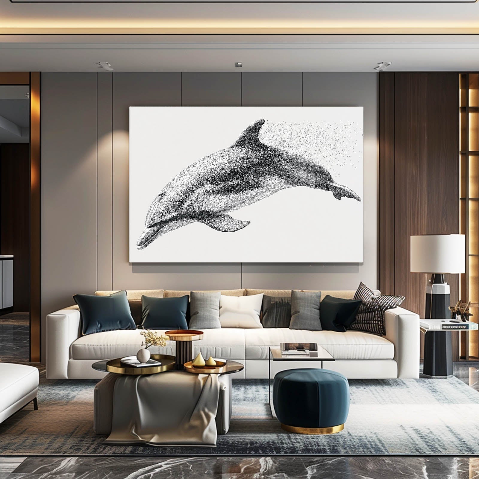 Graphite Stipple Dolphin Print – styled in a furnished interior