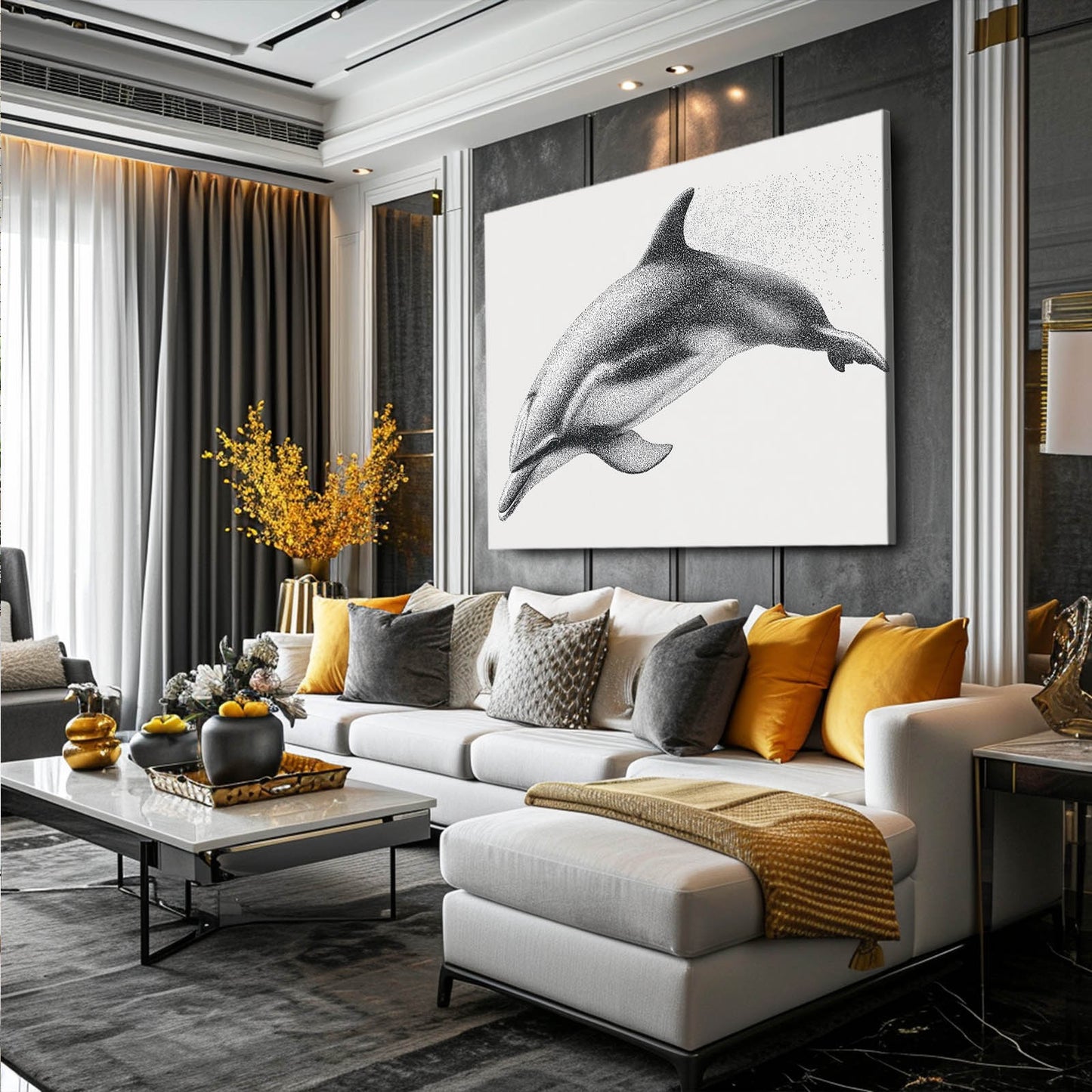 Graphite Stipple Dolphin Print – styled in a furnished interior