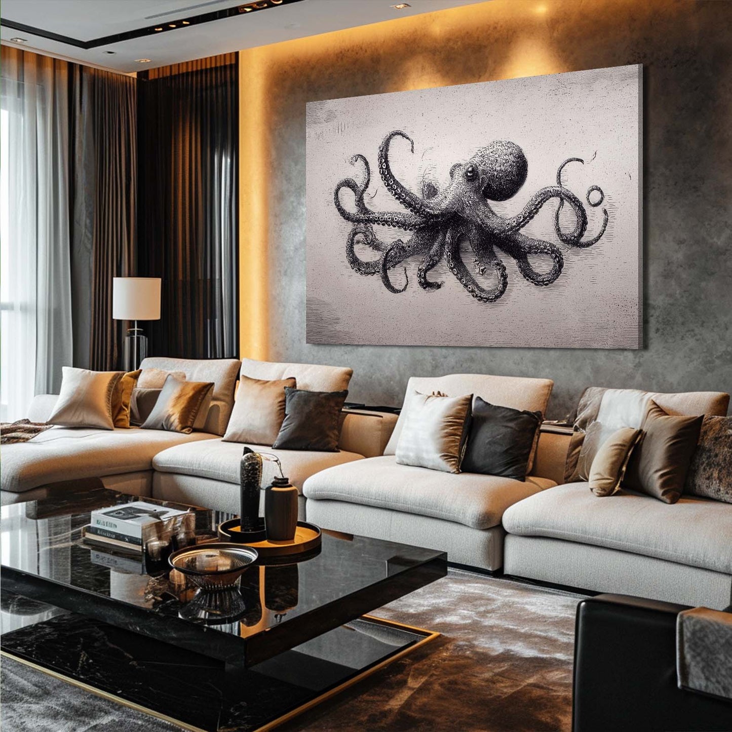 Graphite Study Octopus Wall Art – styled in a furnished interior