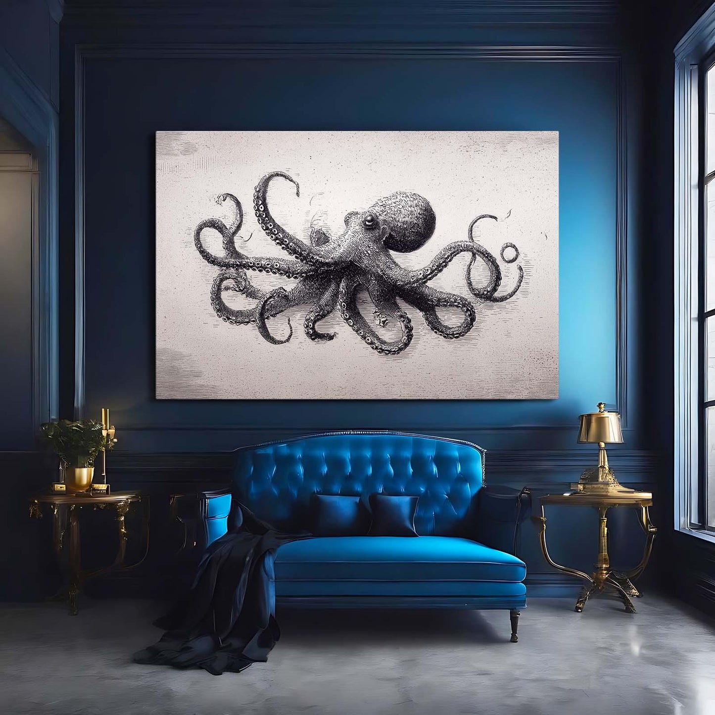 Graphite Study Octopus Wall Art – styled in a furnished interior