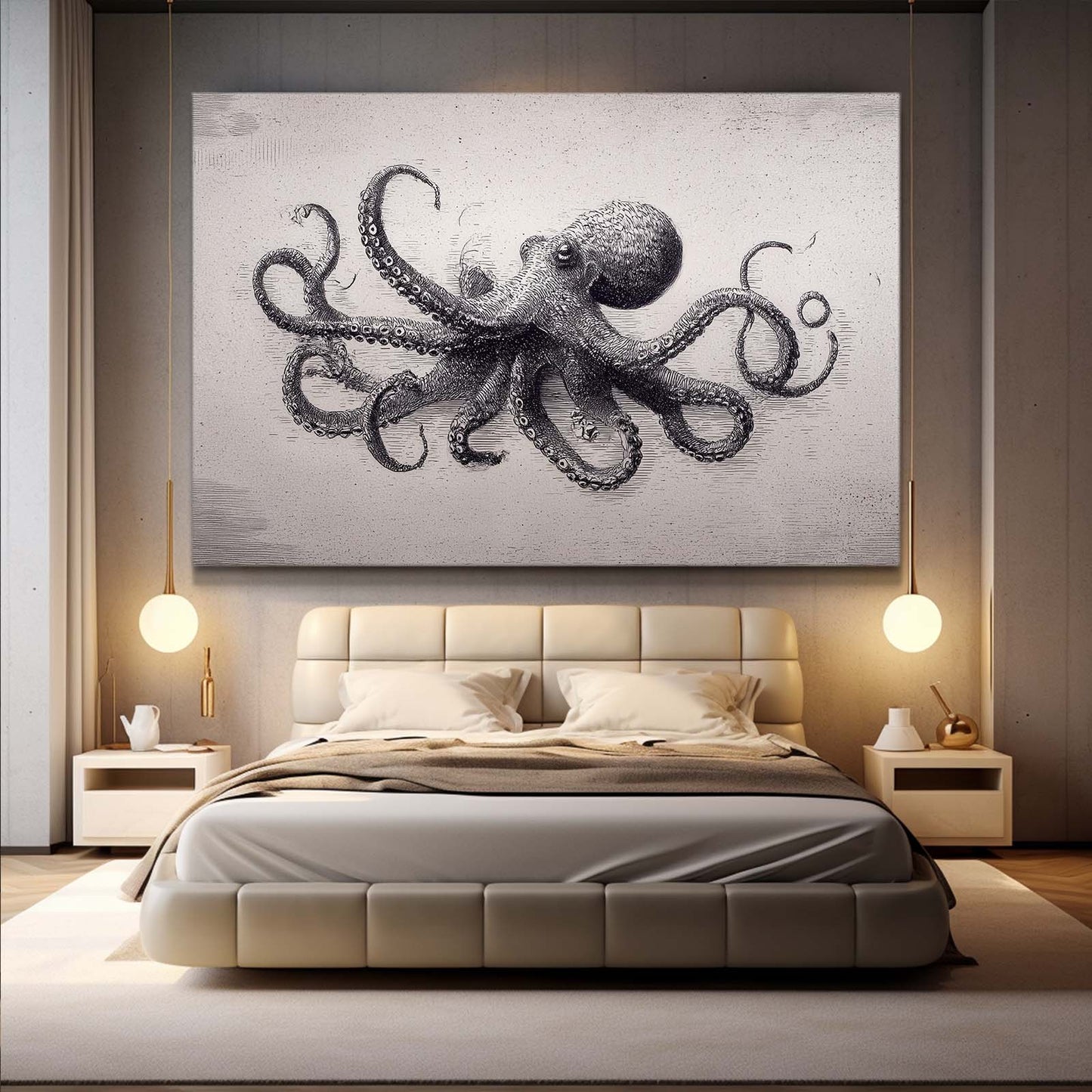 Graphite Study Octopus Wall Art – styled in a furnished interior