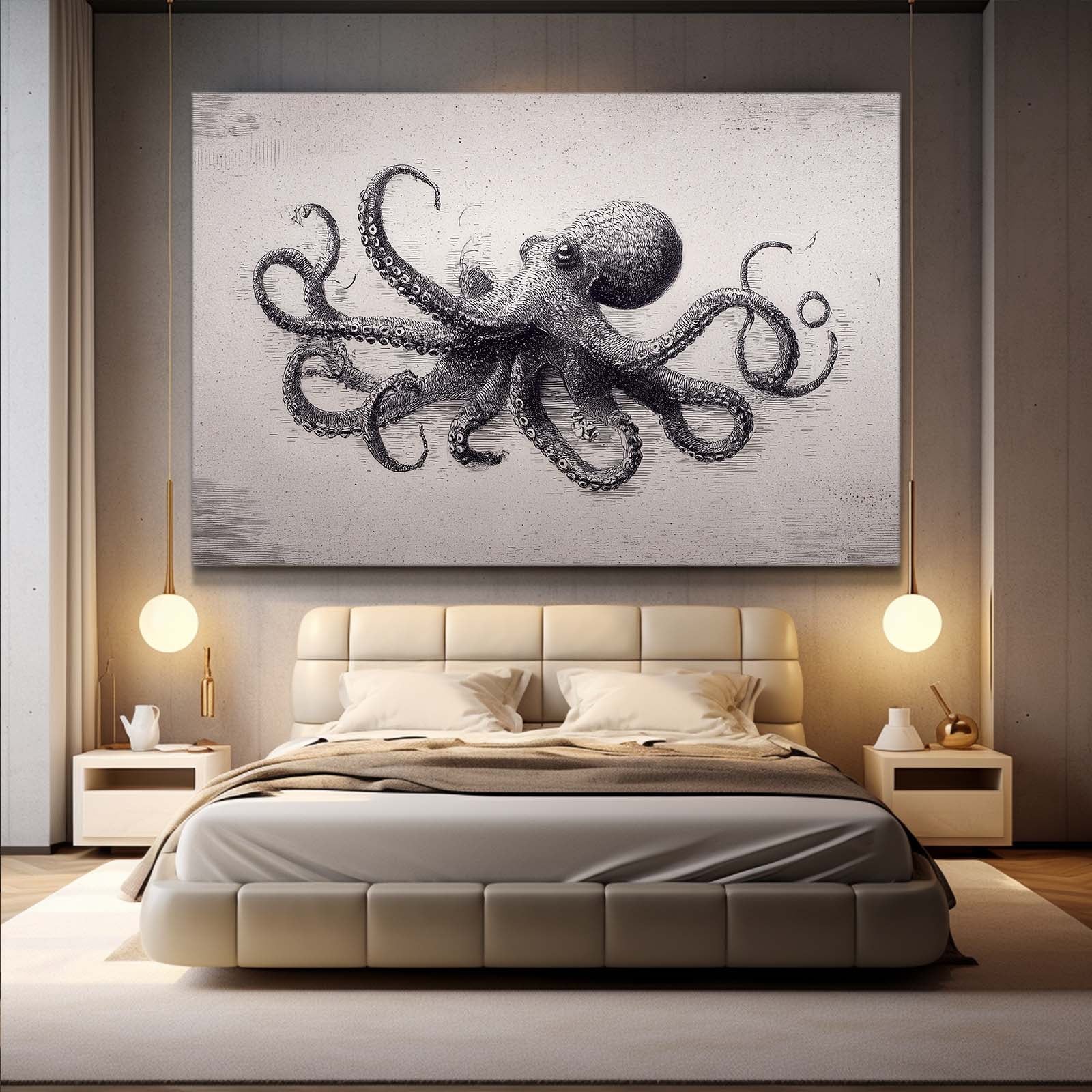 Graphite Study Octopus Wall Art – styled in a furnished interior