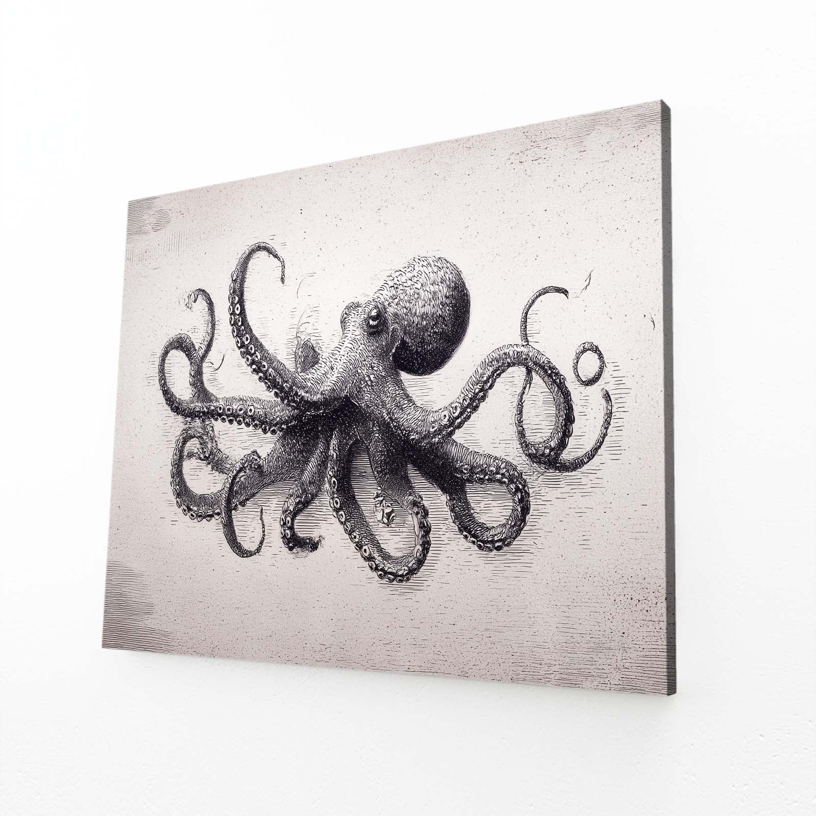 Graphite Study Octopus Wall Art – angled canvas view on white background
