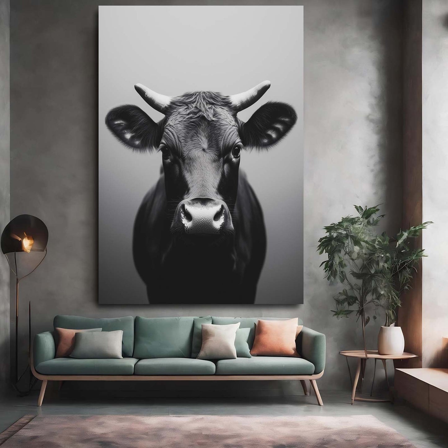 Gray Cow Artwork – angled canvas view on white background