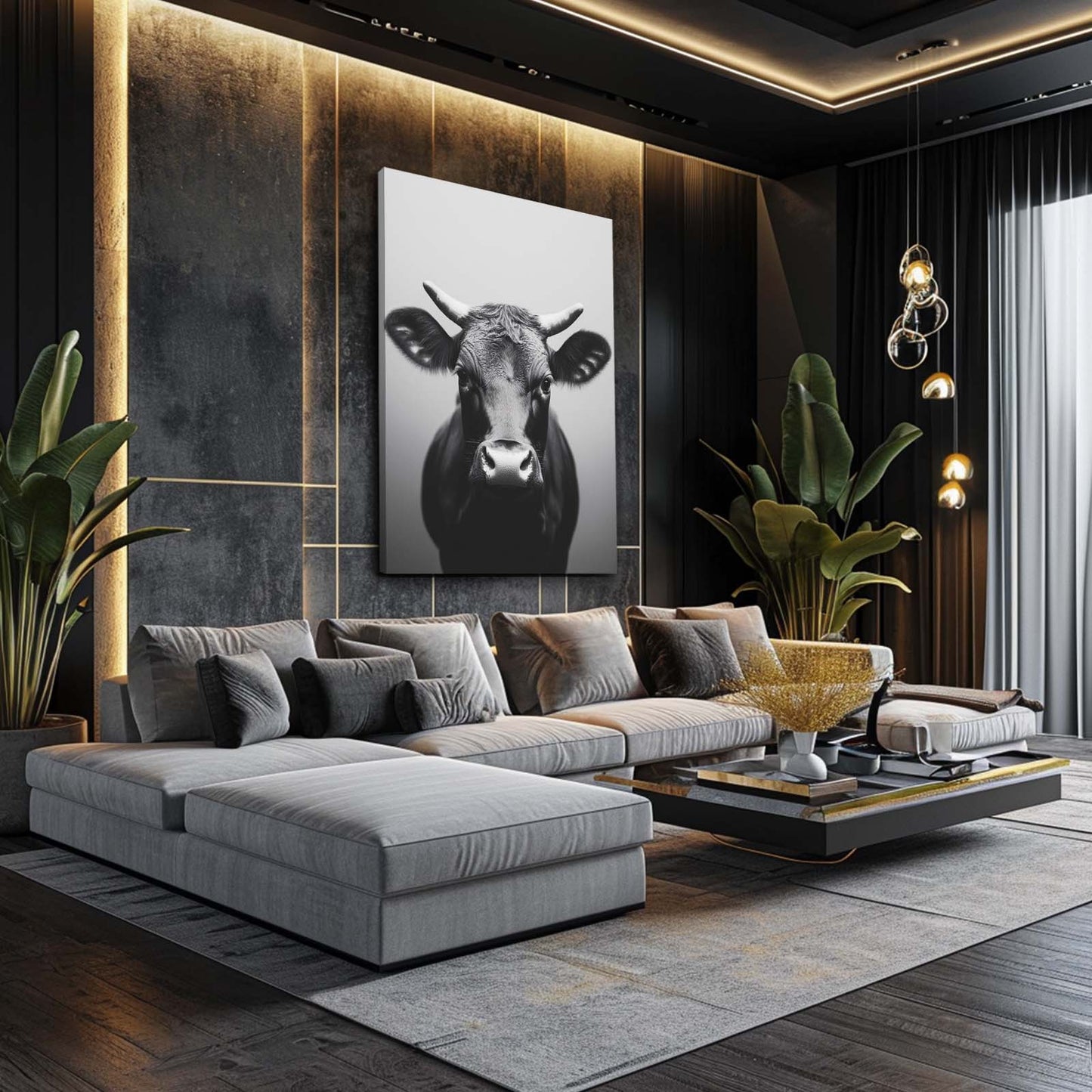 Gray Cow Artwork – angled canvas view on white background