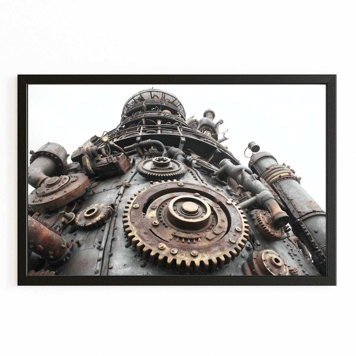 Great Gear Engine Steampunk Wall Art – with Premium Black frame on white background