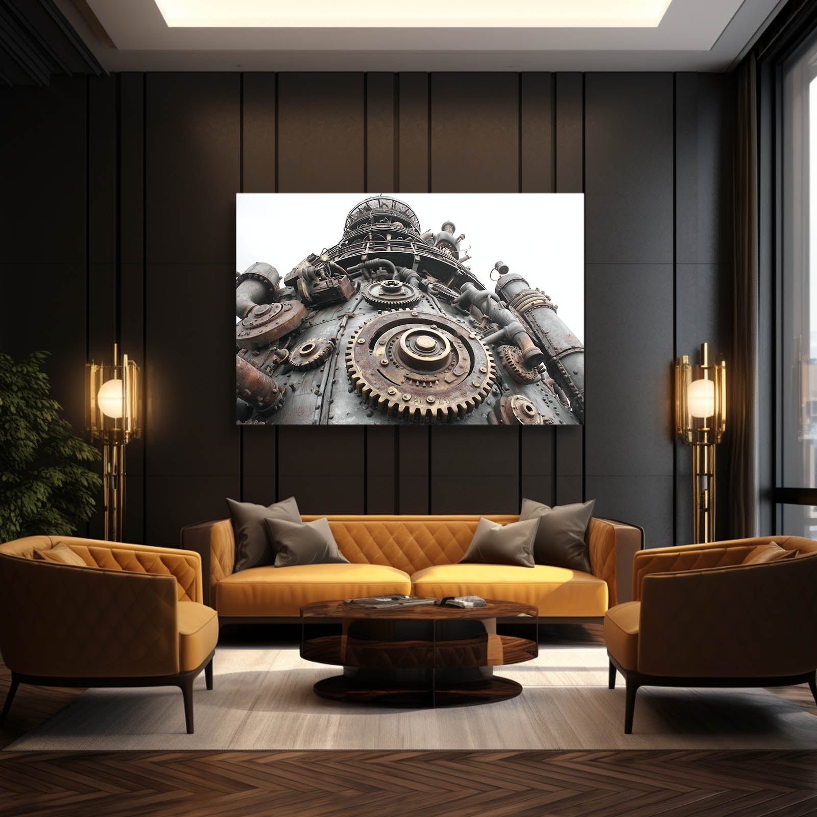 Great Gear Engine Steampunk Wall Art – styled in a furnished interior