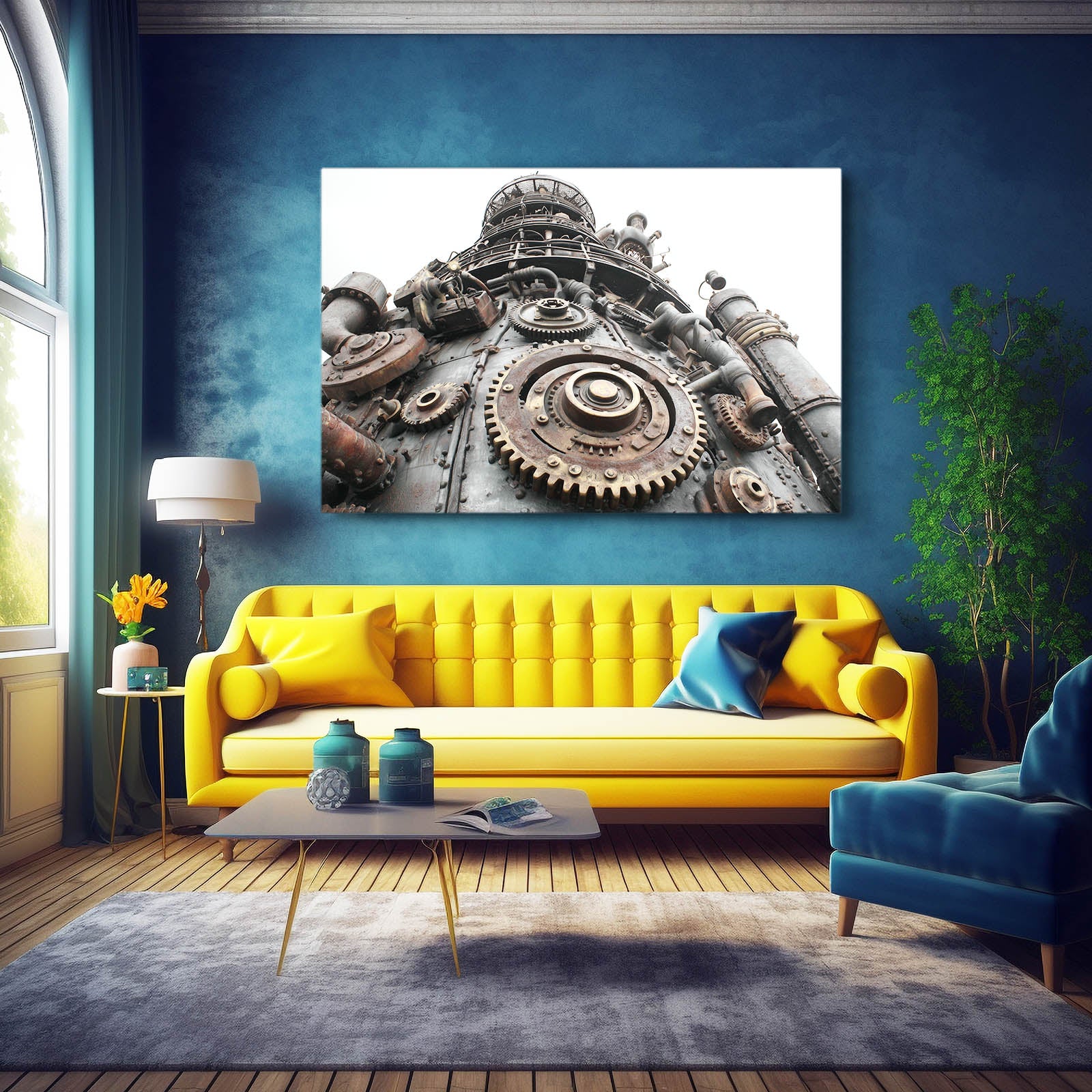 Great Gear Engine Steampunk Wall Art – styled in a furnished interior