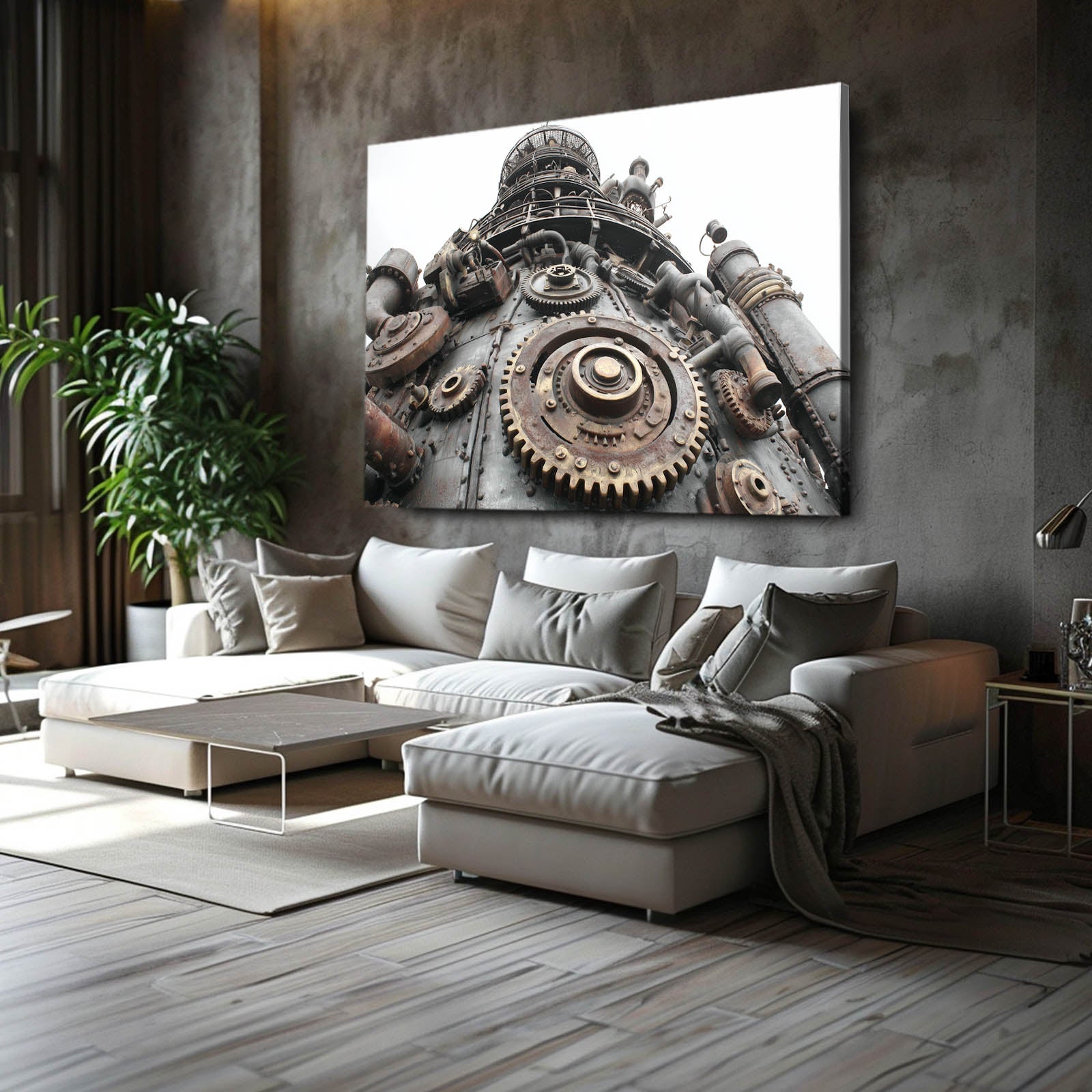 Great Gear Engine Steampunk Wall Art – styled in a furnished interior