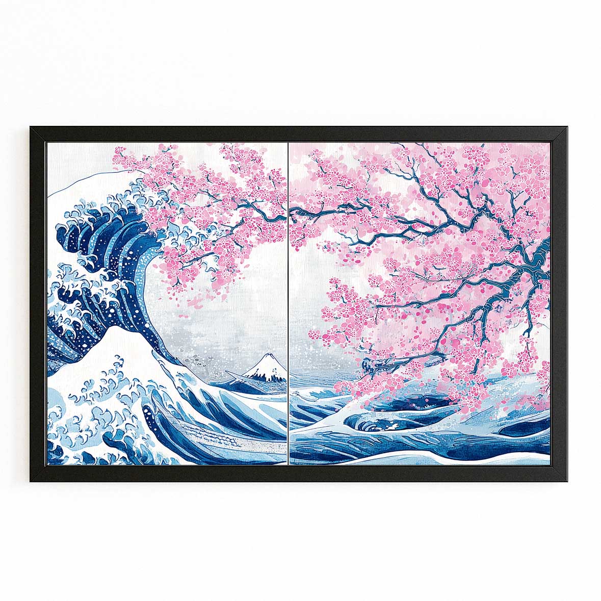 Great Wave Diptych Cherry Blossom Canvas Art – with Premium Black frame on white background