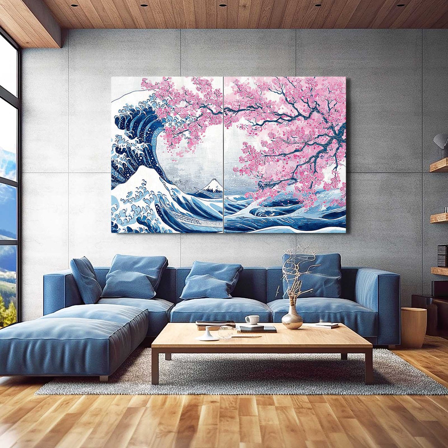 Great Wave Diptych Cherry Blossom Canvas Art – styled in a furnished interior