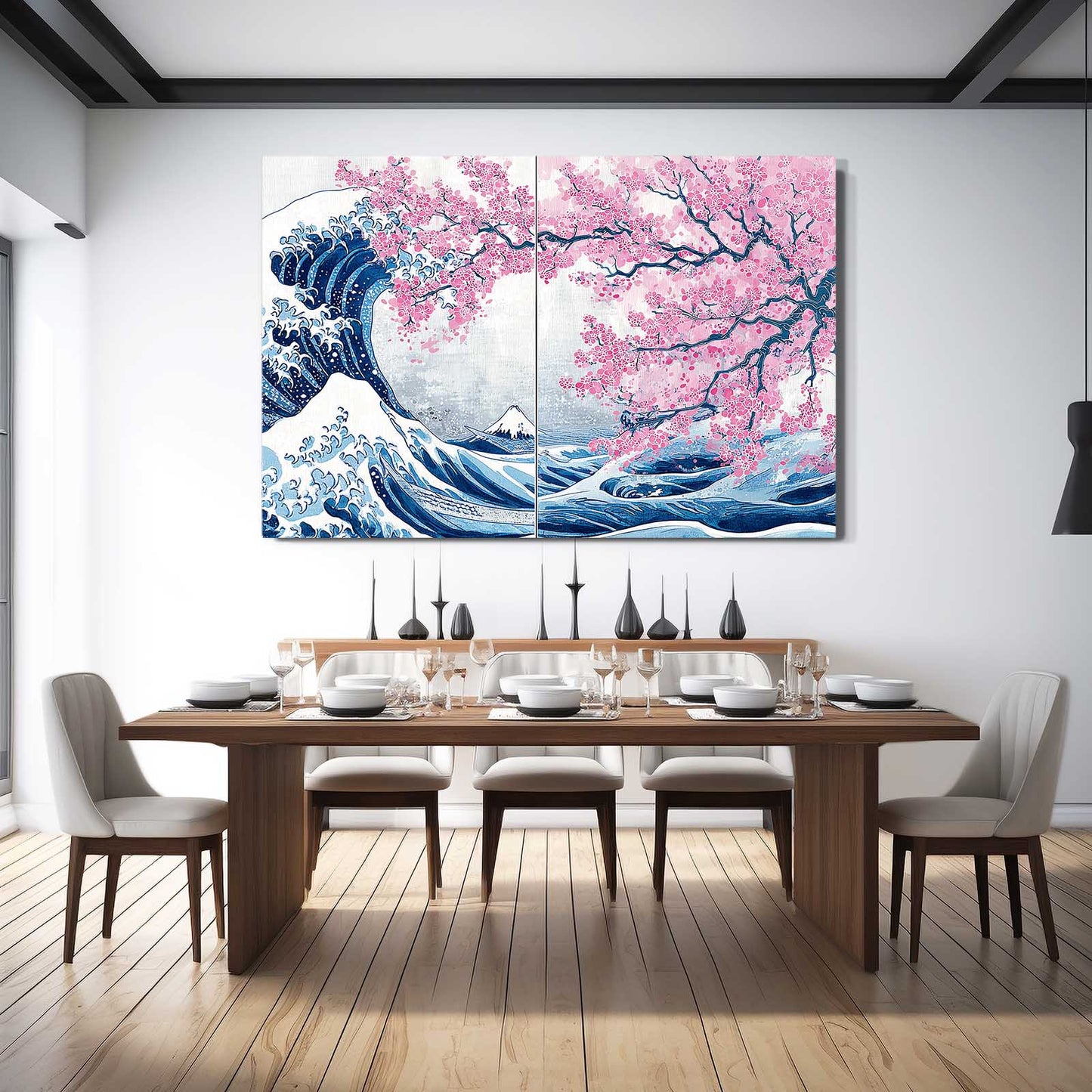 Great Wave Diptych Cherry Blossom Canvas Art – styled in a furnished interior