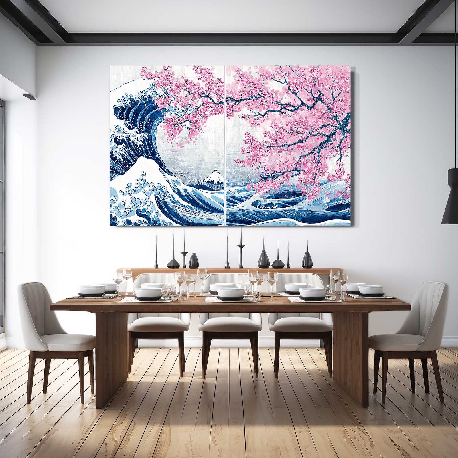 Great Wave Diptych Cherry Blossom Canvas Art – styled in a furnished interior