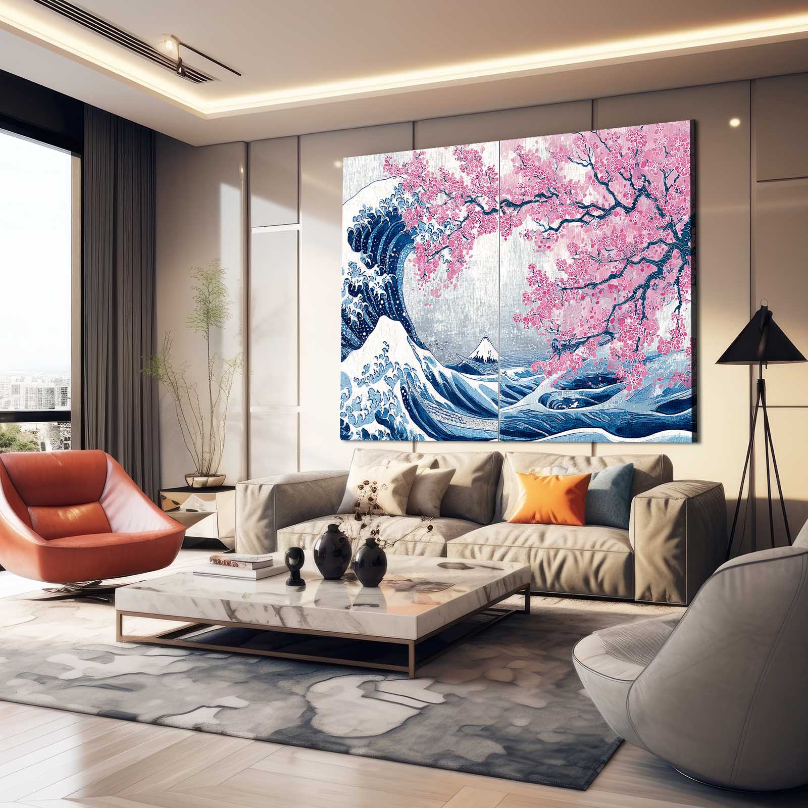Great Wave Diptych Cherry Blossom Canvas Art – styled in a furnished interior