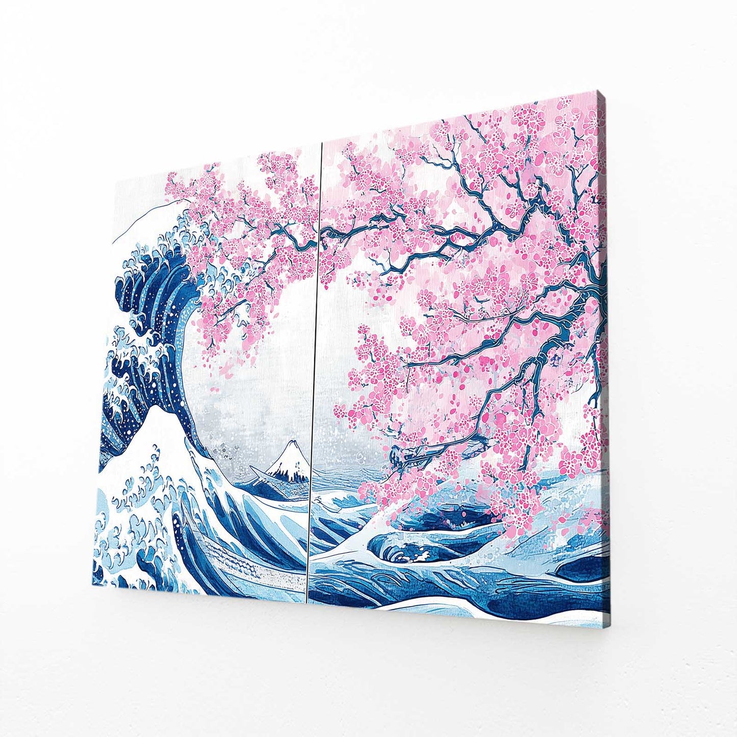 Great Wave Diptych Cherry Blossom Canvas Art – angled canvas view on white background