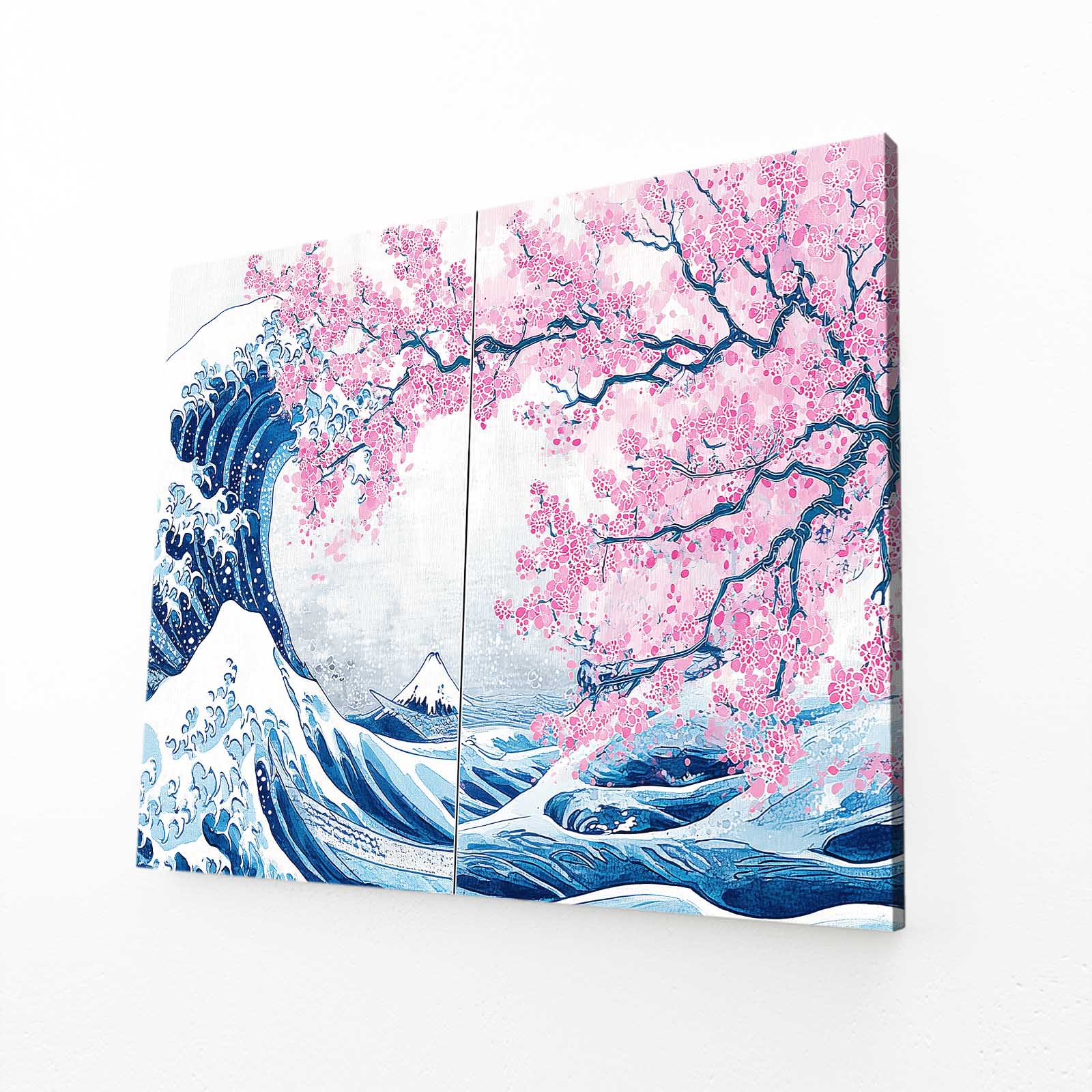 Great Wave Diptych Cherry Blossom Canvas Art – angled canvas view on white background