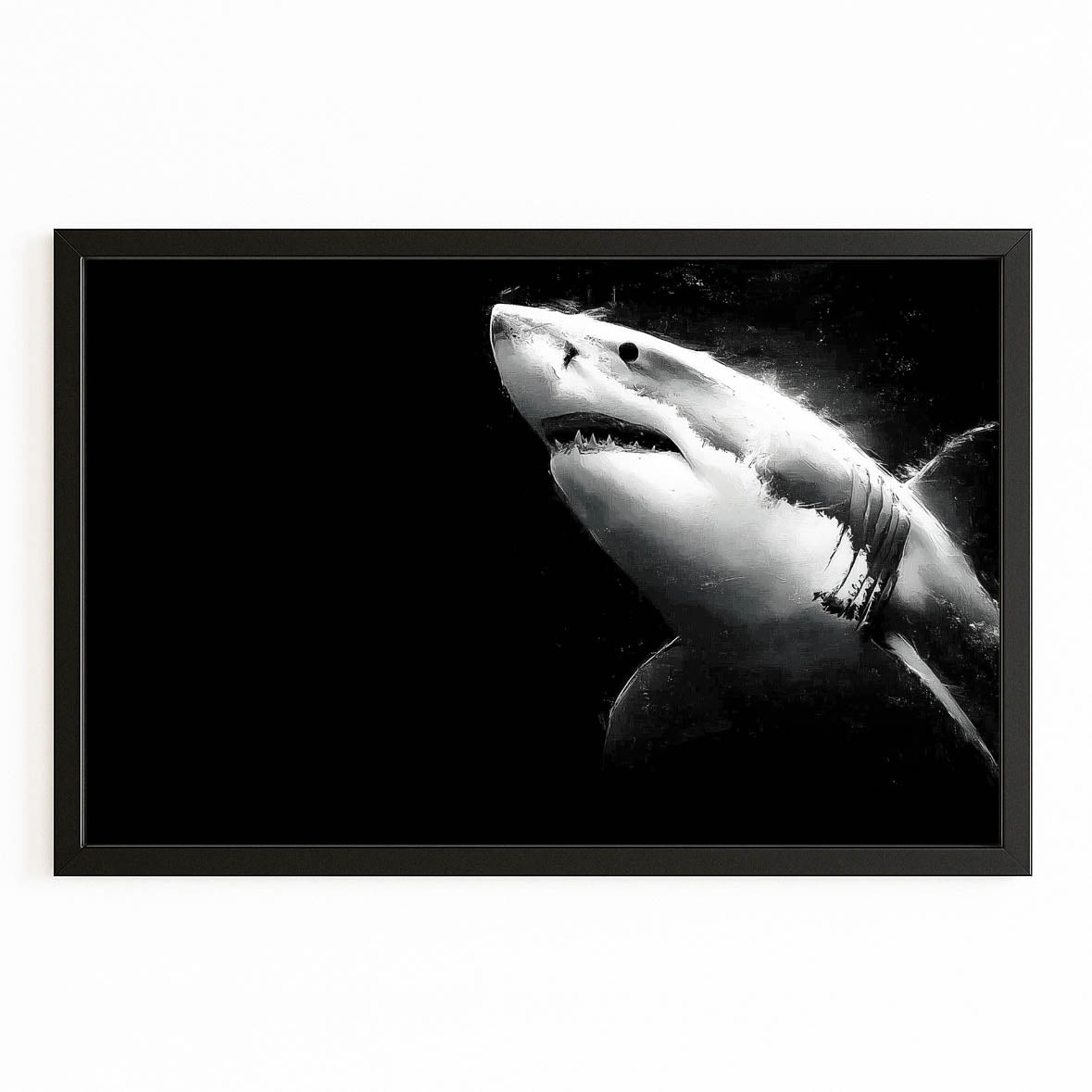 Great White on Black Shark Canvas – with Premium Black frame on white background