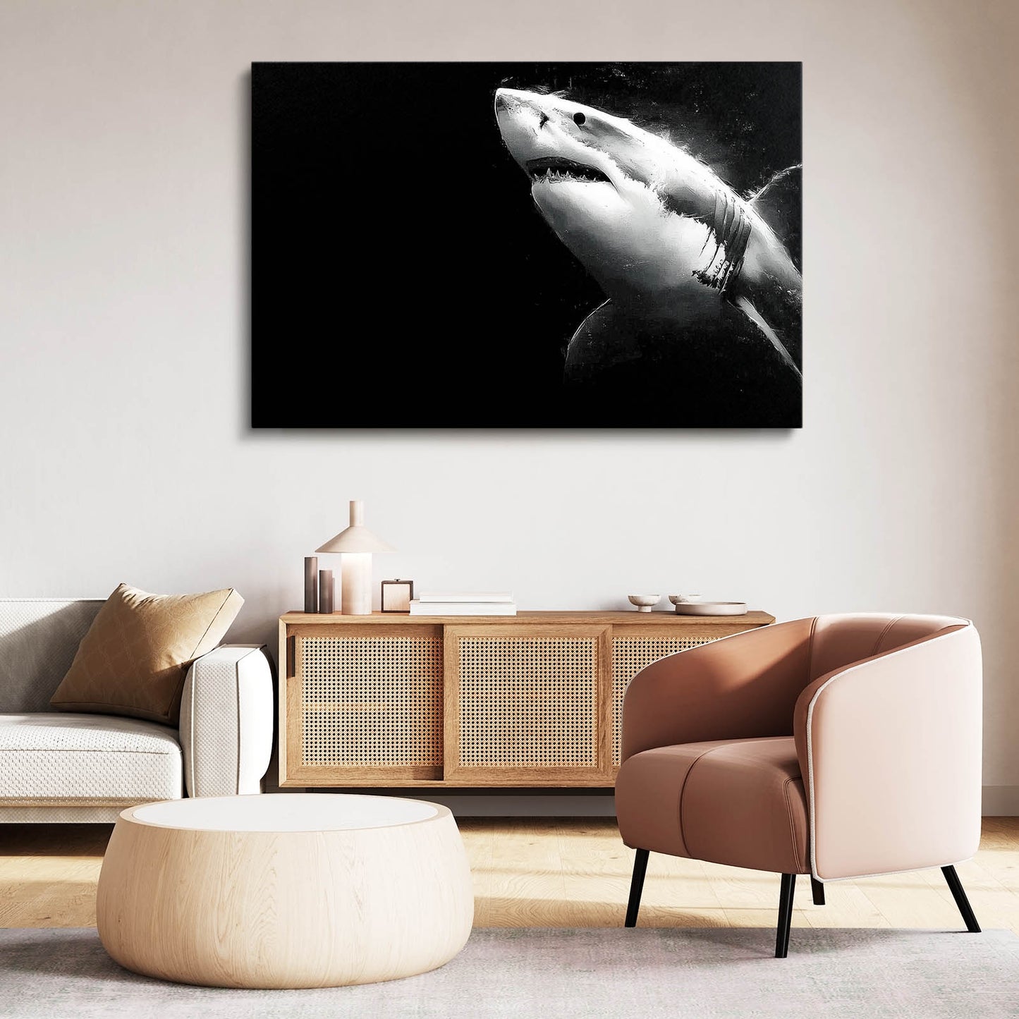 Great White on Black Shark Canvas – styled in a furnished interior