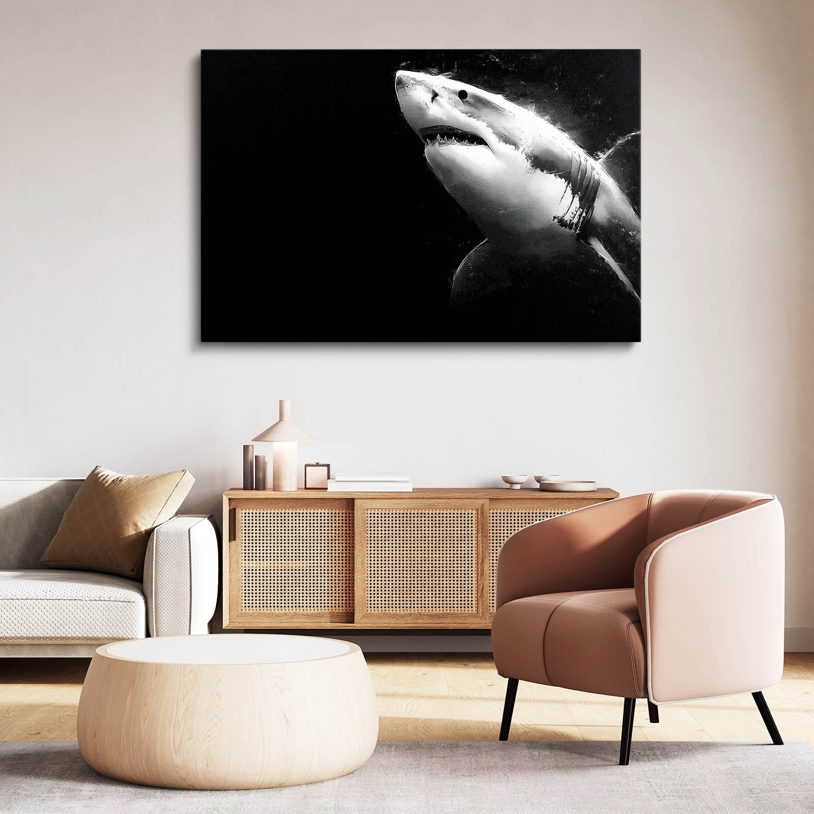Great White on Black Shark Canvas – styled in a furnished interior