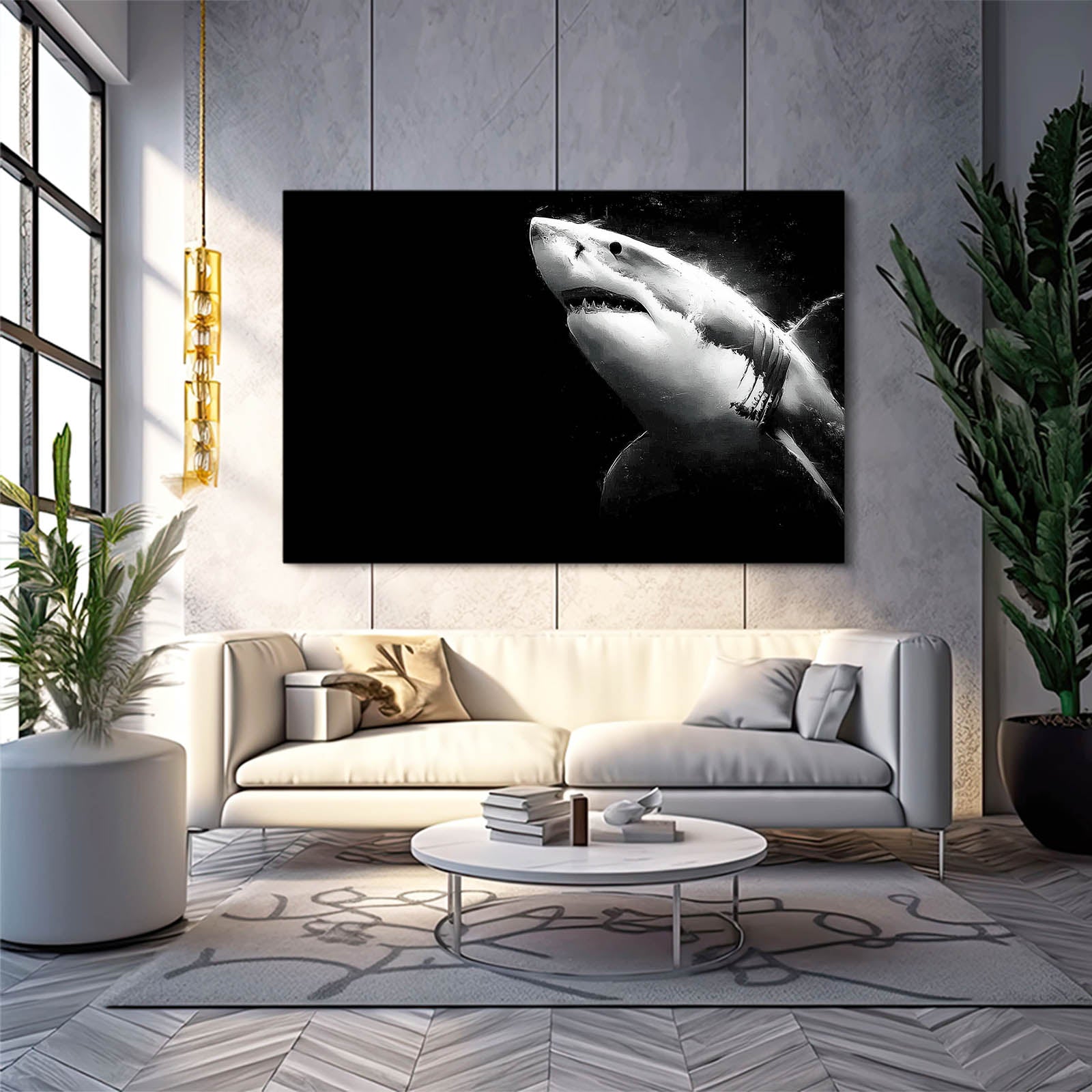 Great White on Black Shark Canvas – styled in a furnished interior