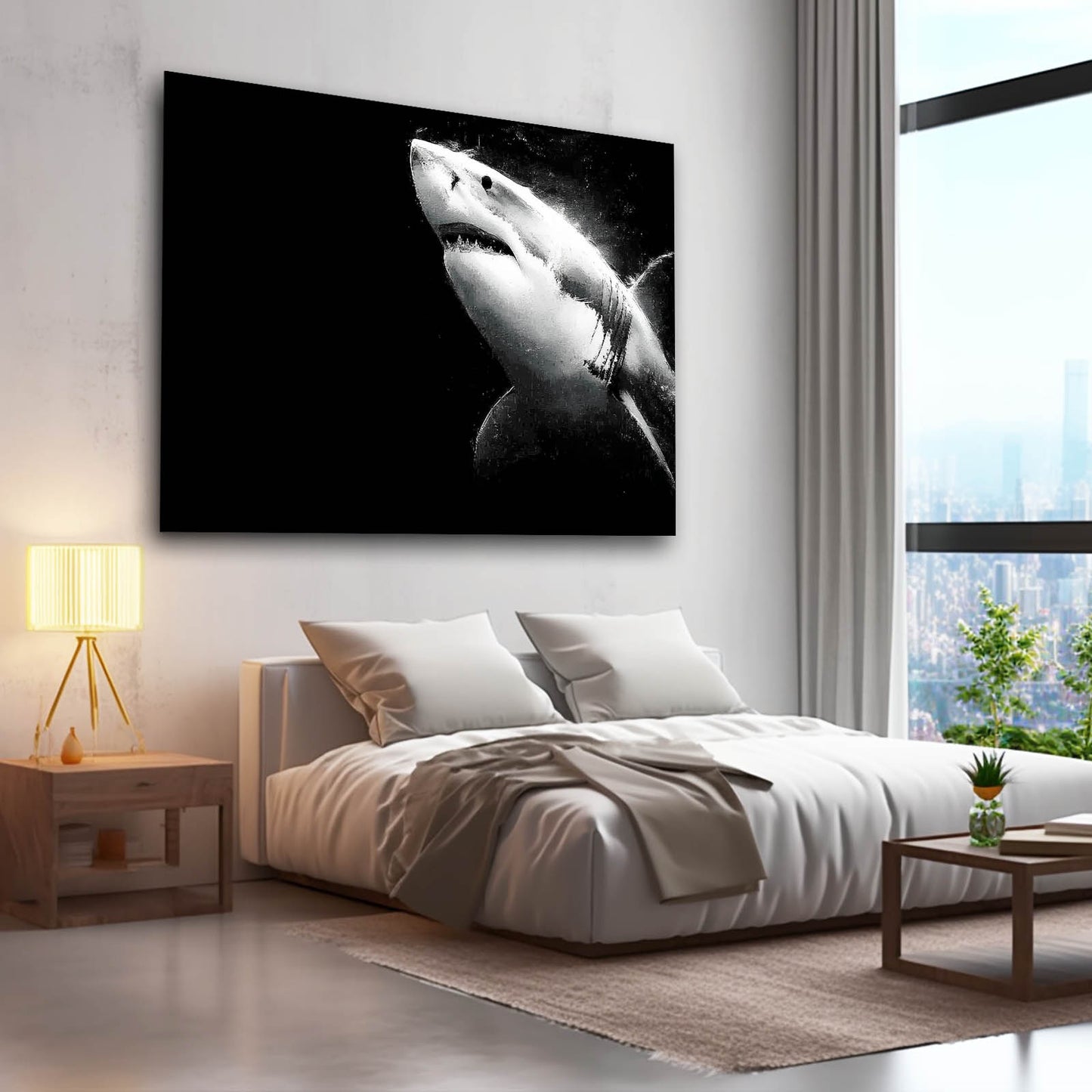 Great White on Black Shark Canvas – styled in a furnished interior