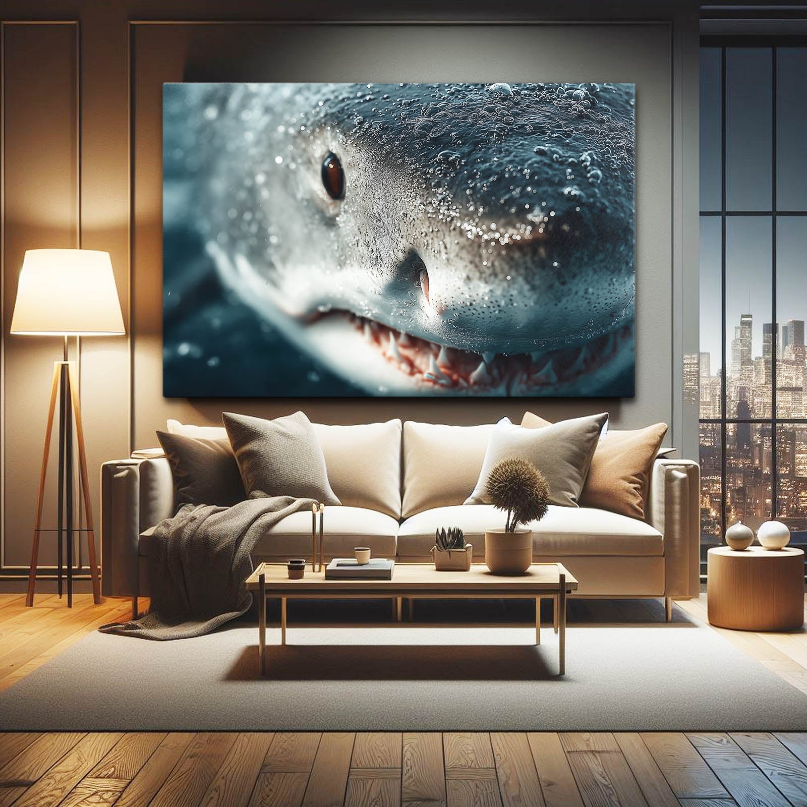 Great White Shark Photography Art – in a dark green games room with card table