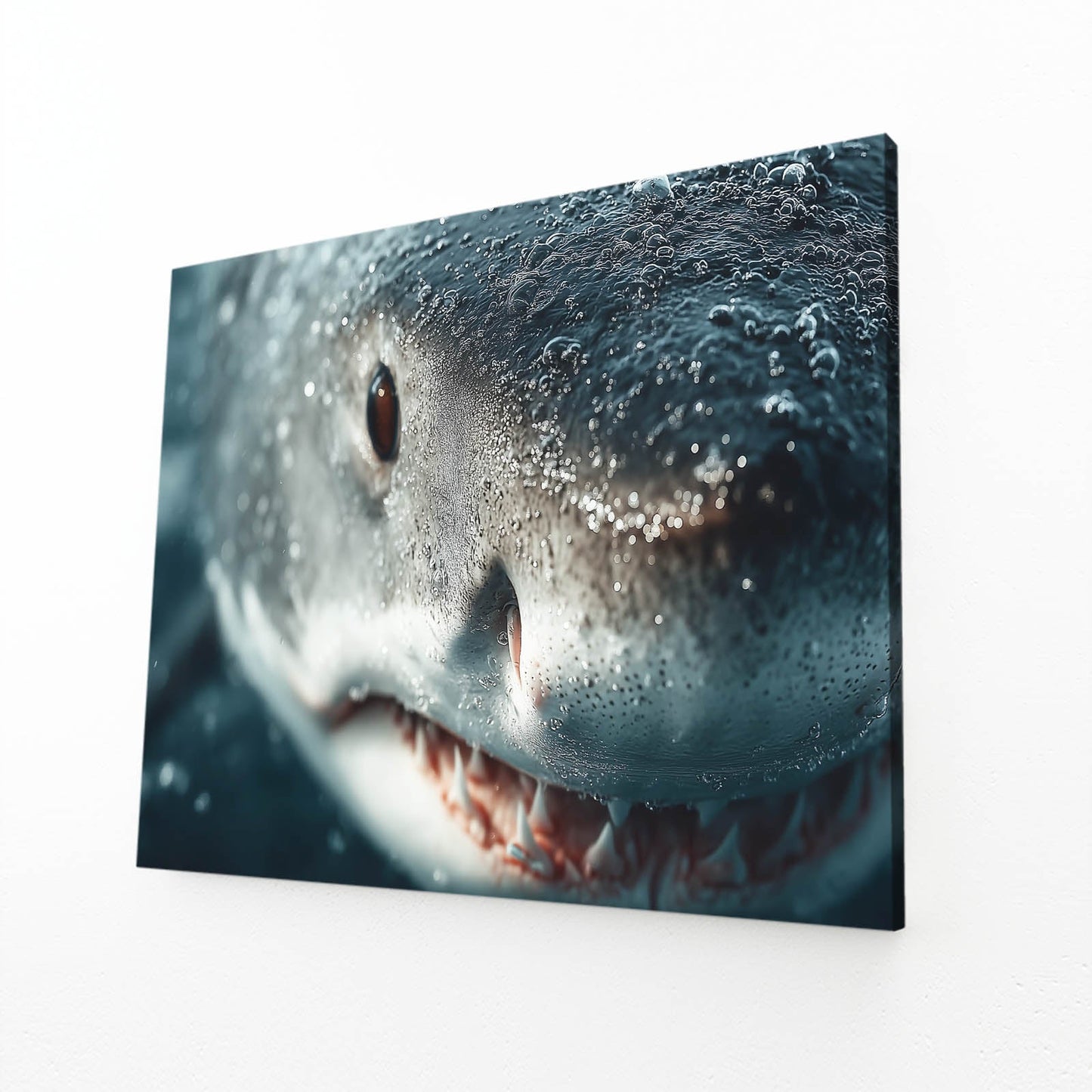 Great White Shark Photography Art – above a black sofa with white cushions