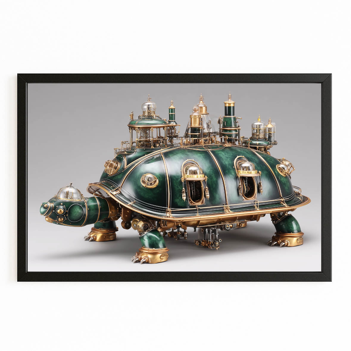 Green Brass Turtle Steampunk Wall Art – with Premium Black frame on white background